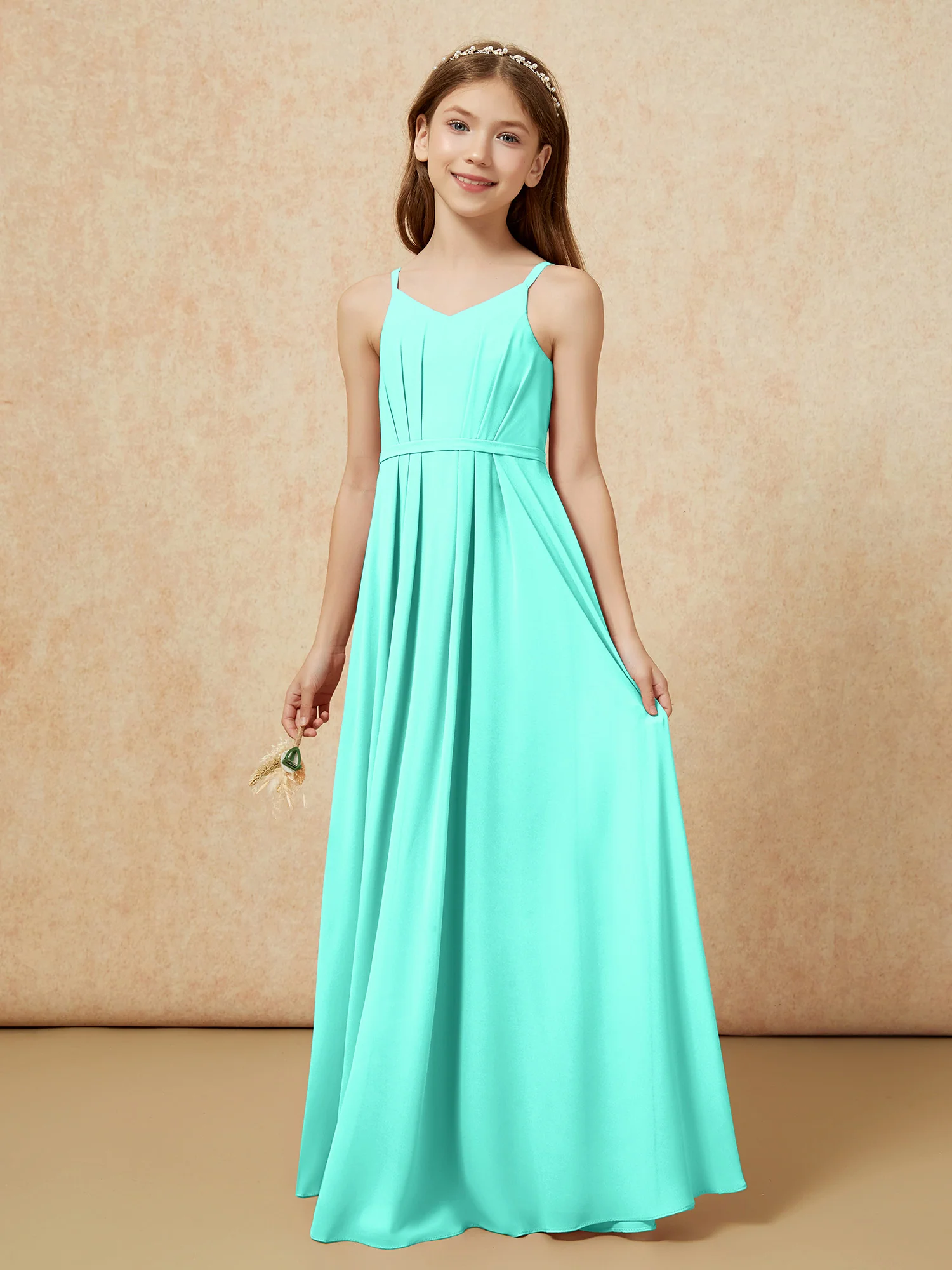 V-neck Spaghetti Straps Chiffon Junior Bridesmaid Dresses Spa - Image 3