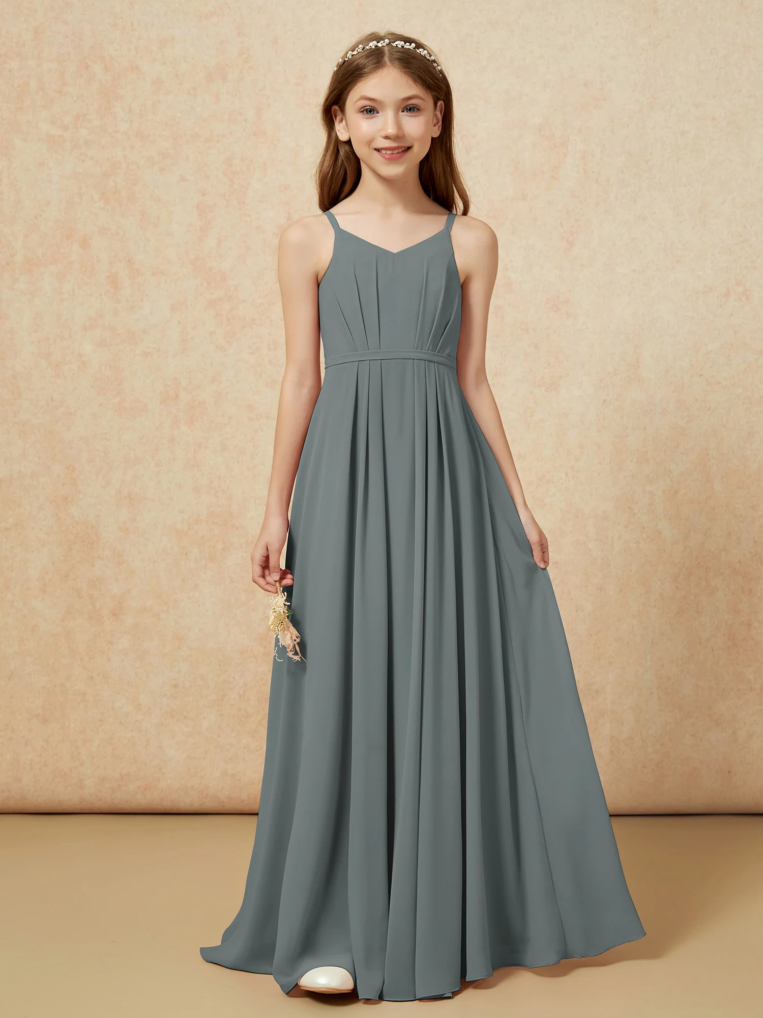 V-neck Spaghetti Straps Chiffon Junior Bridesmaid Dresses Steel Grey