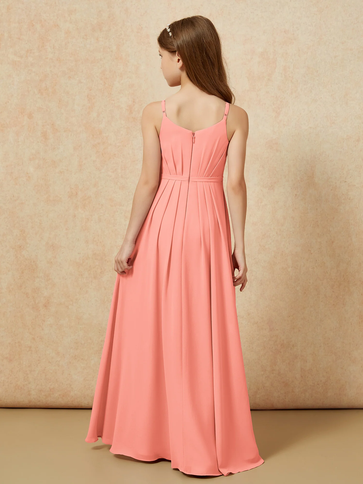 V-neck Spaghetti Straps Chiffon Junior Bridesmaid Dresses Sunset - Image 2