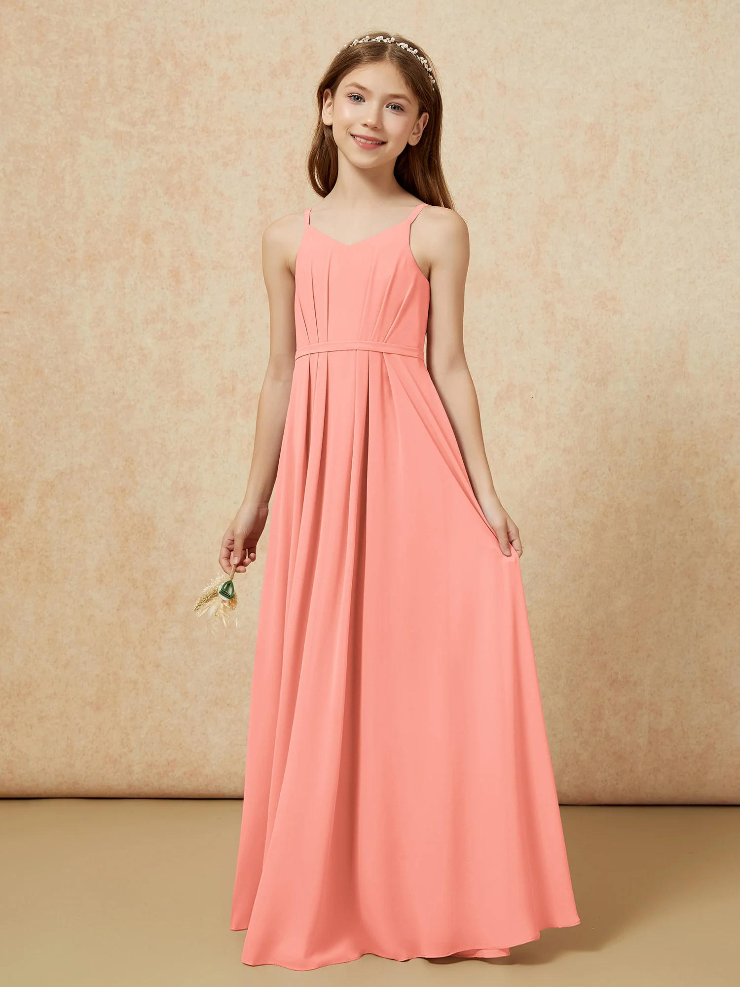 V-neck Spaghetti Straps Chiffon Junior Bridesmaid Dresses Sunset - Image 3