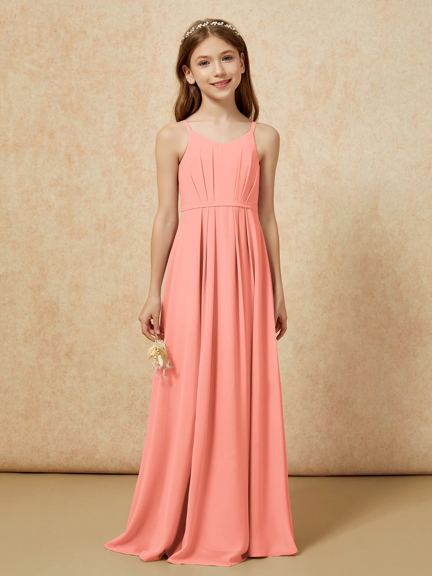 V-neck Spaghetti Straps Chiffon Junior Bridesmaid Dresses Sunset - Image 4