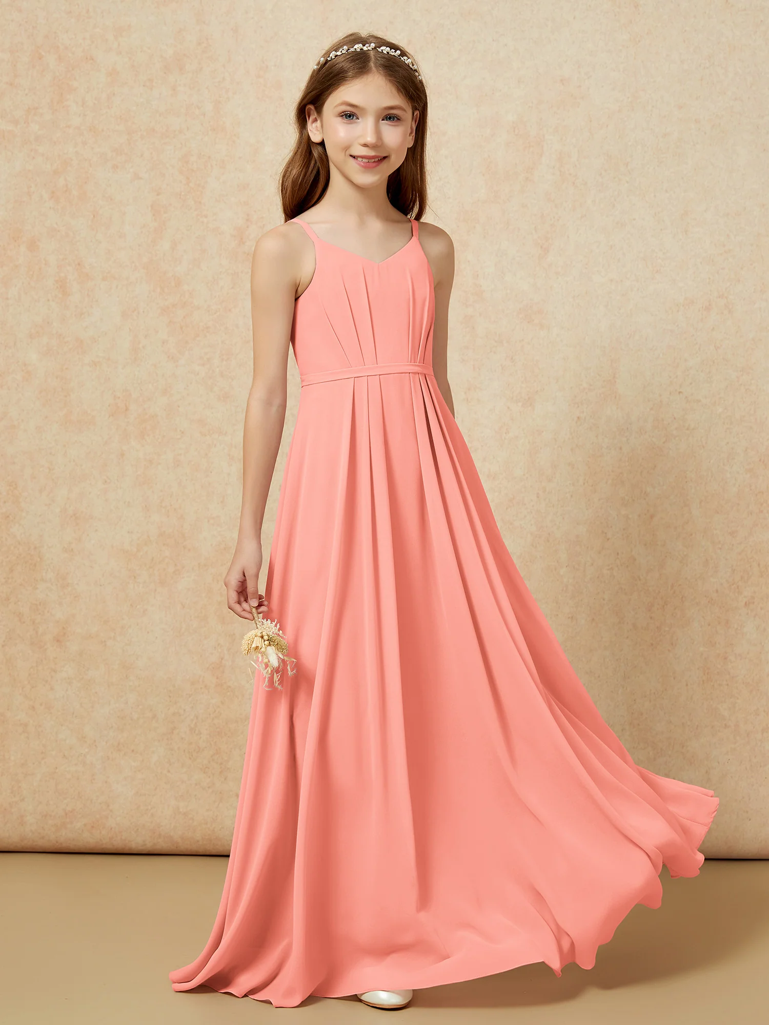 V-neck Spaghetti Straps Chiffon Junior Bridesmaid Dresses Sunset - Image 5