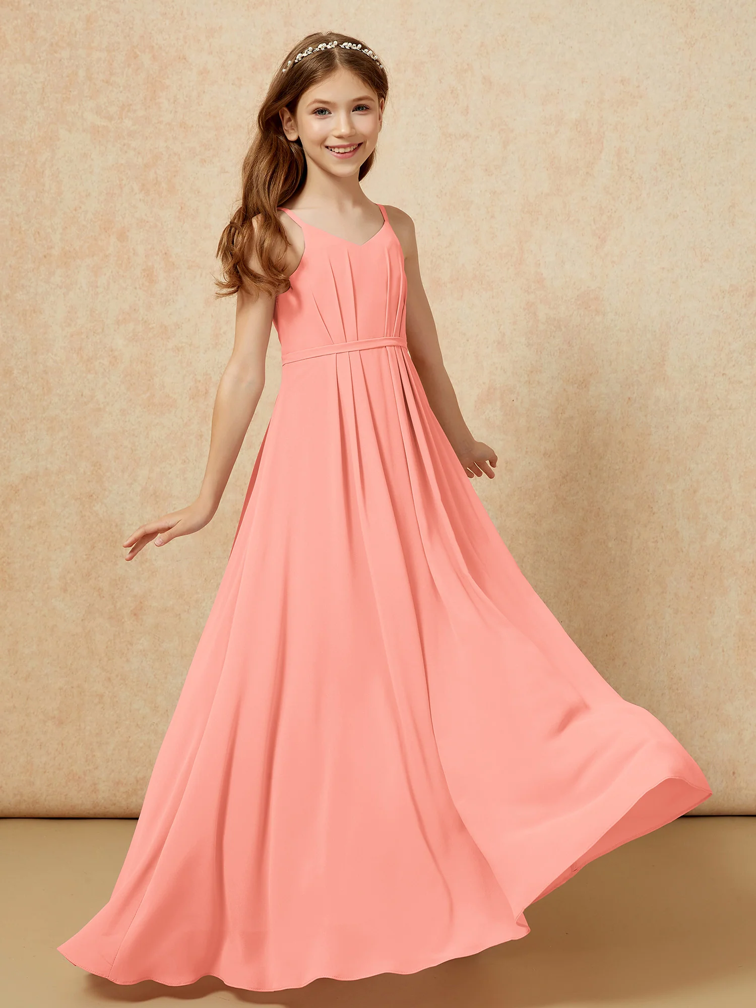 V-neck Spaghetti Straps Chiffon Junior Bridesmaid Dresses Sunset - Image 6