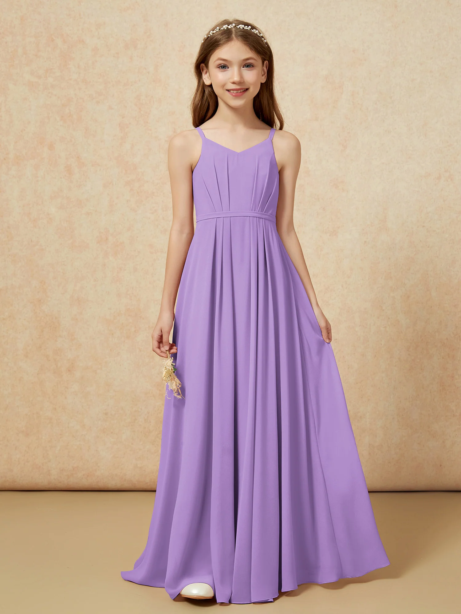 V-neck Spaghetti Straps Chiffon Junior Bridesmaid Dresses Tahiti