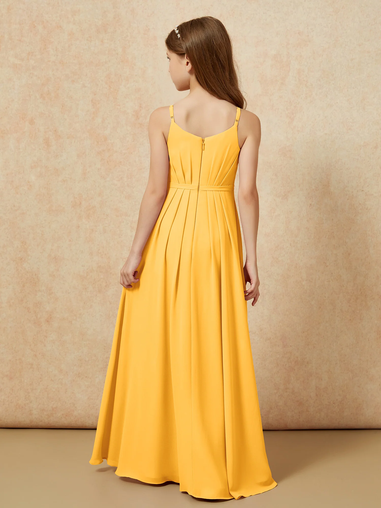 V-neck Spaghetti Straps Chiffon Junior Bridesmaid Dresses Tangerine - Image 2