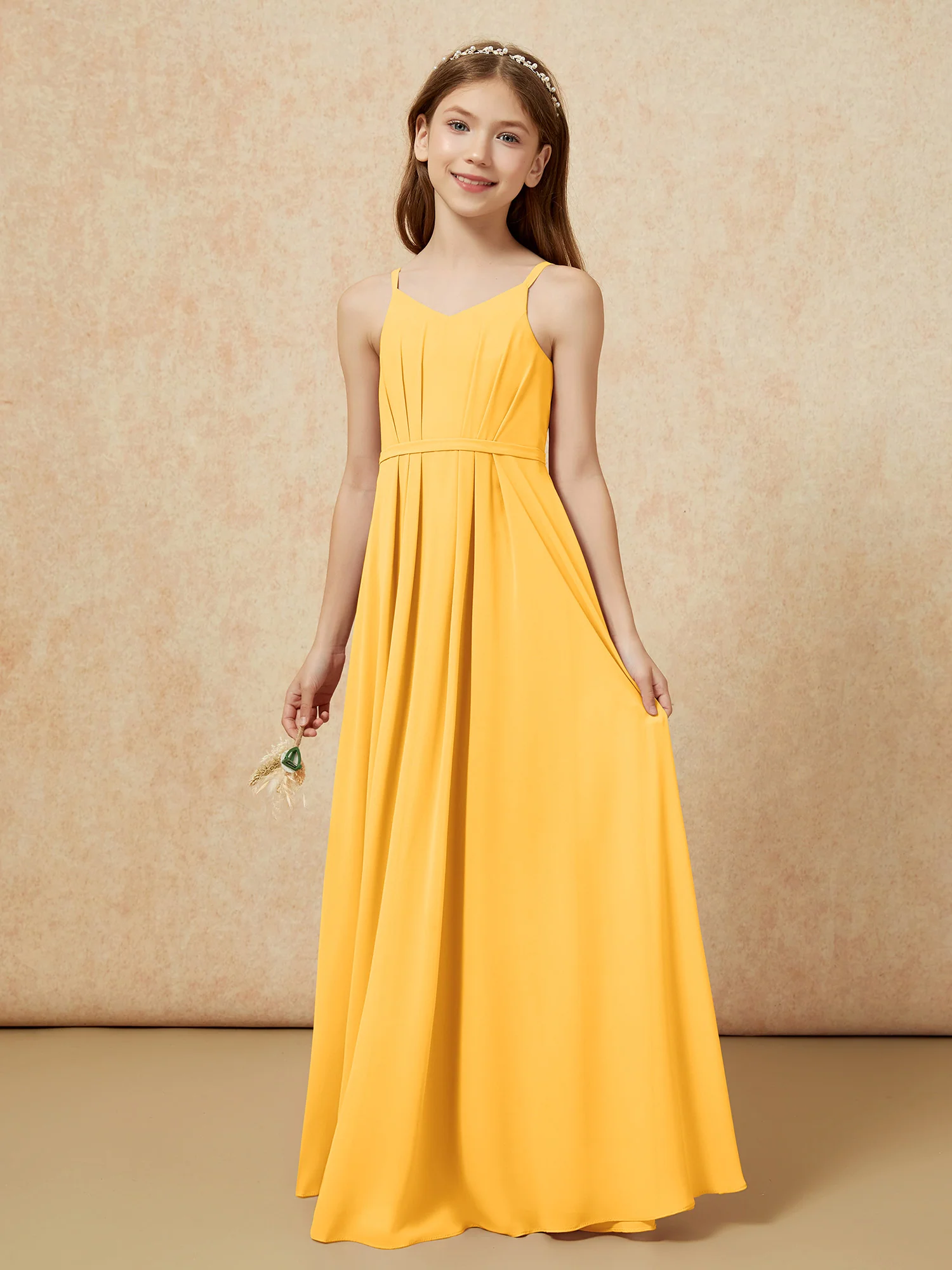 V-neck Spaghetti Straps Chiffon Junior Bridesmaid Dresses Tangerine - Image 3