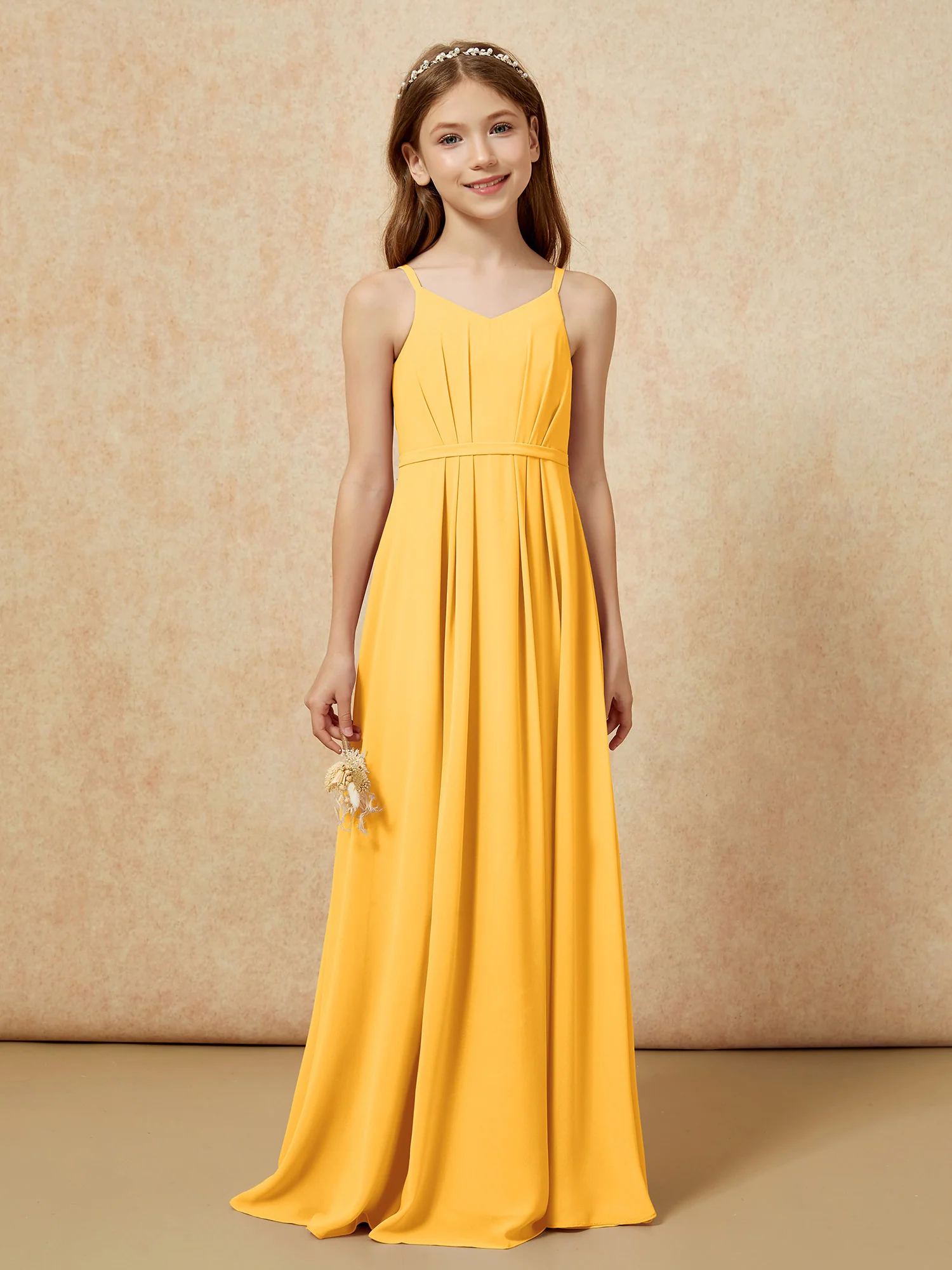 V-neck Spaghetti Straps Chiffon Junior Bridesmaid Dresses Tangerine - Image 4