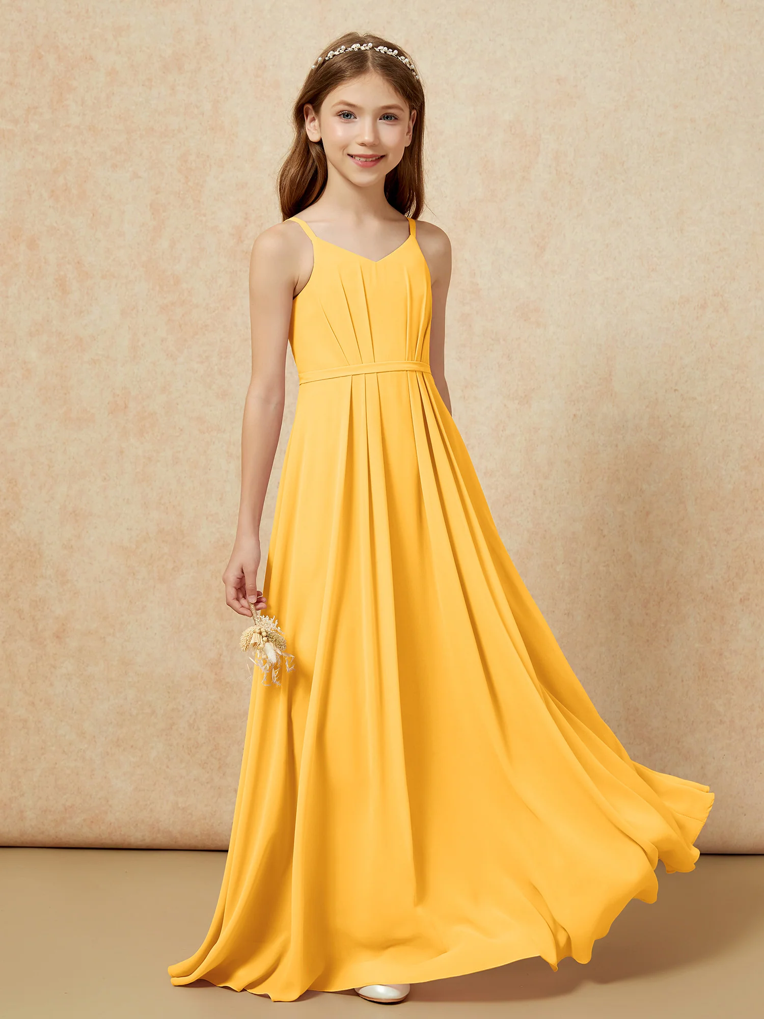 V-neck Spaghetti Straps Chiffon Junior Bridesmaid Dresses Tangerine - Image 5