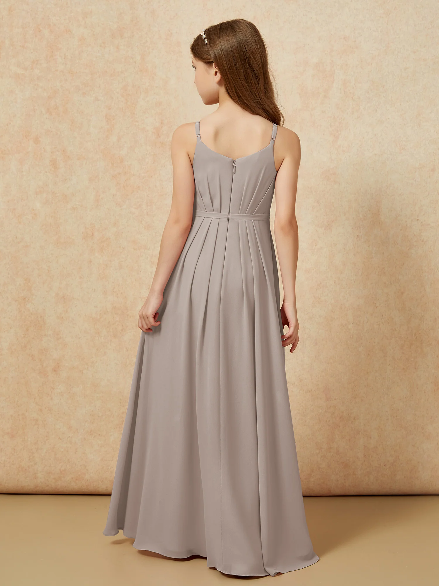 V-neck Spaghetti Straps Chiffon Junior Bridesmaid Dresses Taupe - Image 2