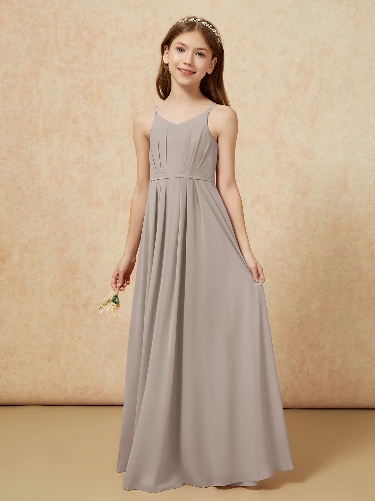 V-neck Spaghetti Straps Chiffon Junior Bridesmaid Dresses Taupe - Image 3