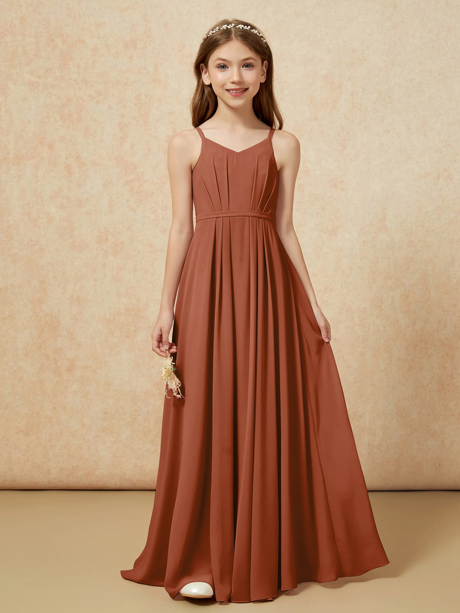 V-neck Spaghetti Straps Chiffon Junior Bridesmaid Dresses Terracotta