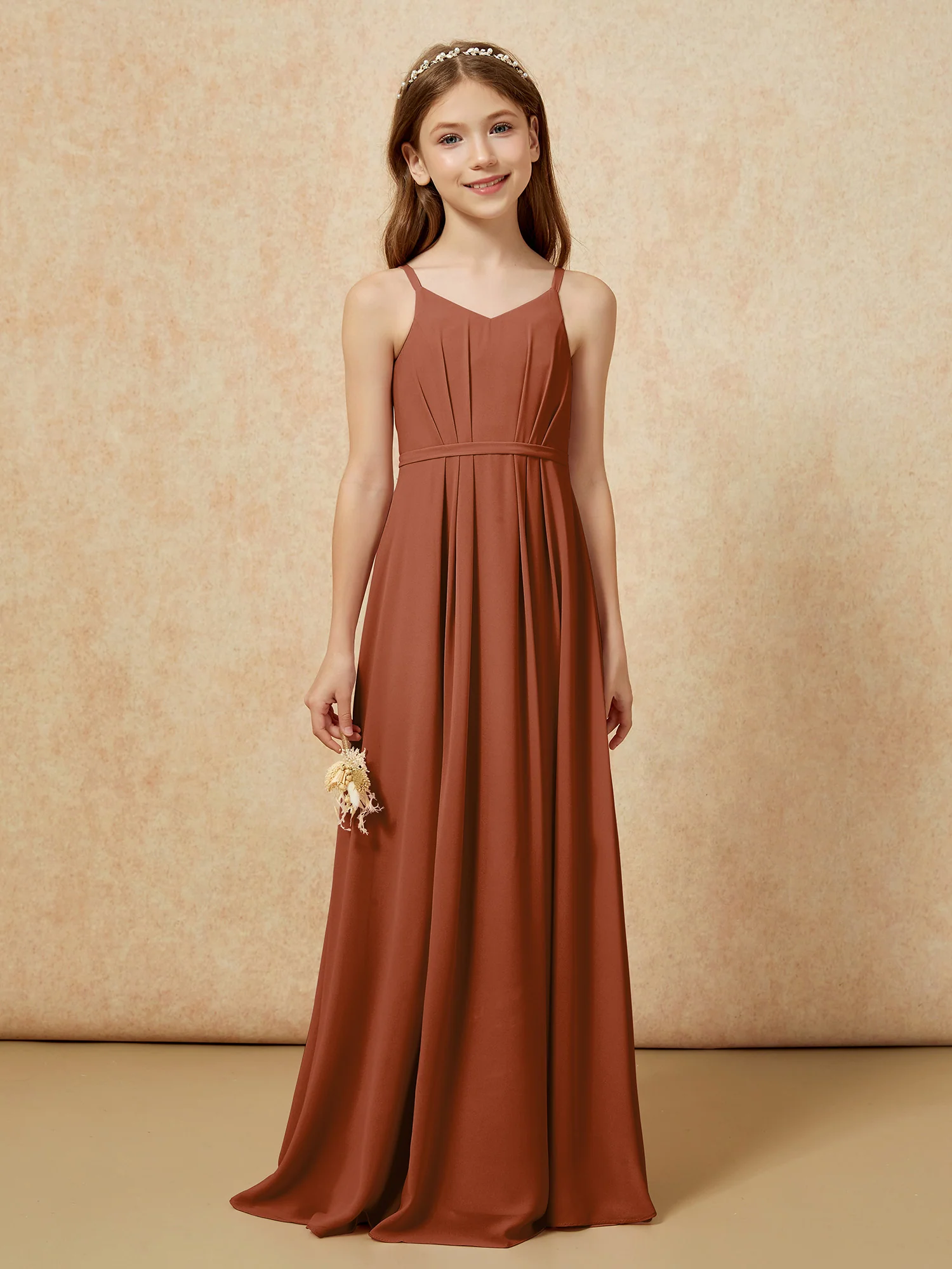 V-neck Spaghetti Straps Chiffon Junior Bridesmaid Dresses Terracotta - Image 4