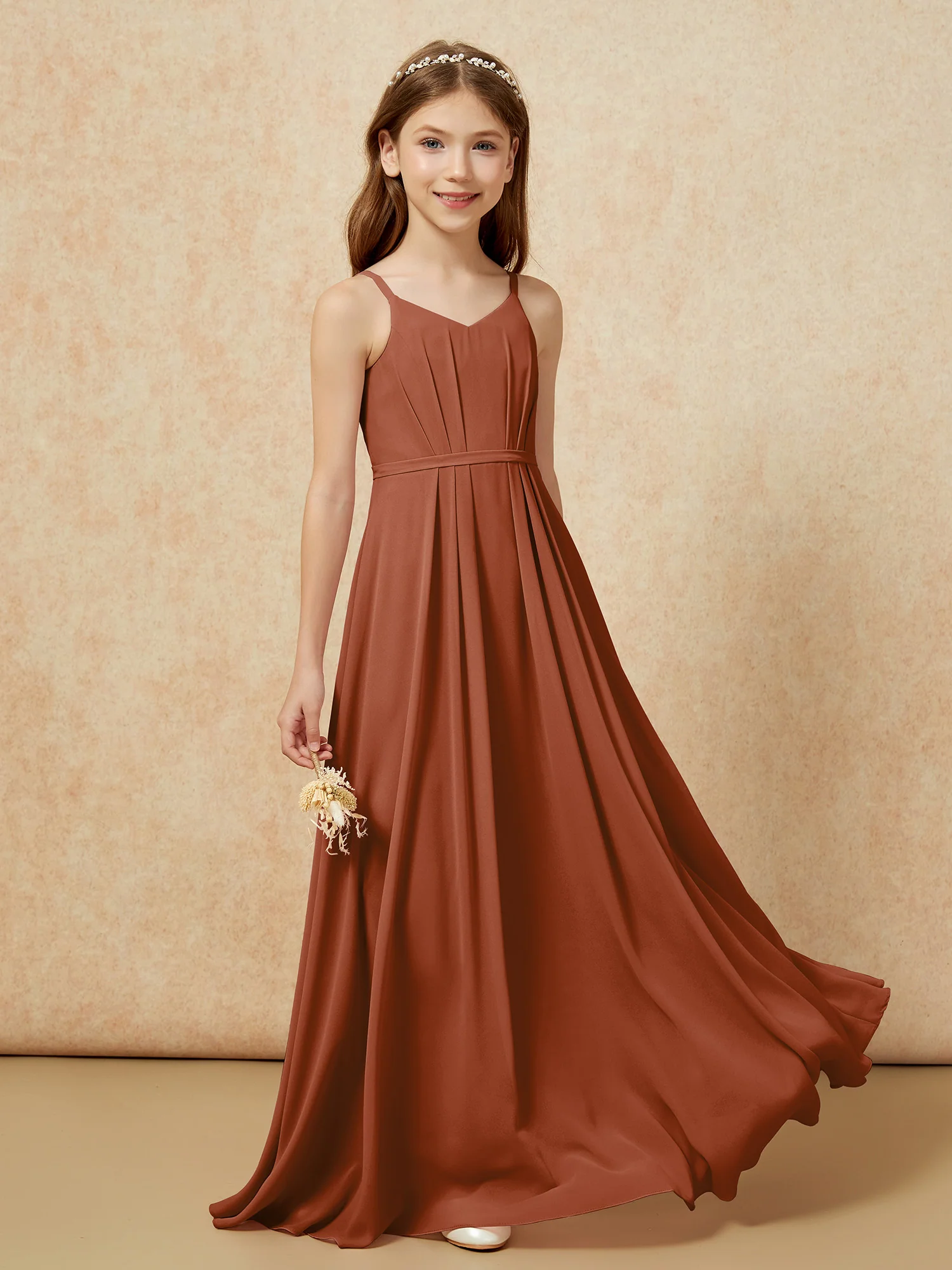 V-neck Spaghetti Straps Chiffon Junior Bridesmaid Dresses Terracotta - Image 5