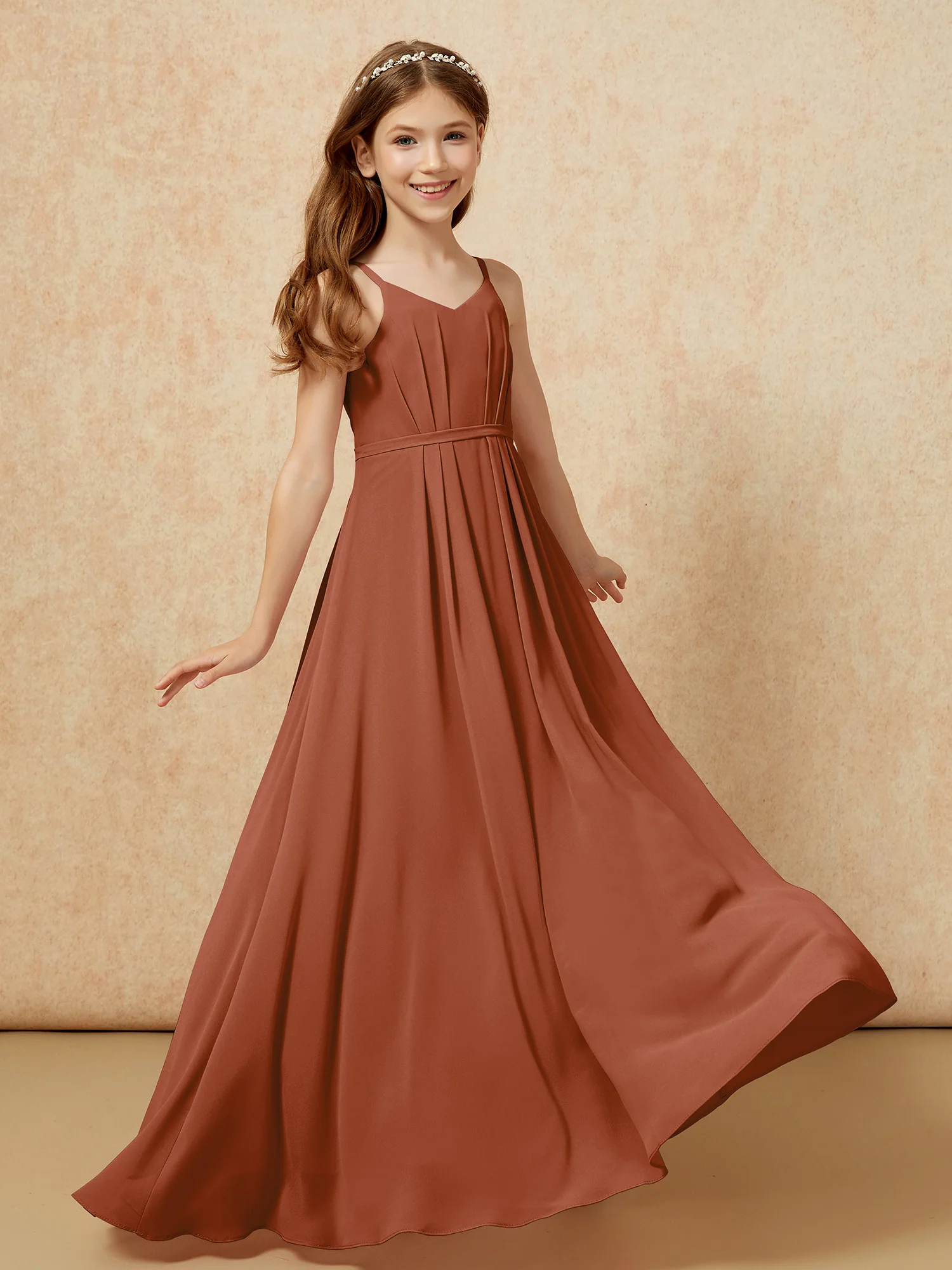 V-neck Spaghetti Straps Chiffon Junior Bridesmaid Dresses Terracotta - Image 6