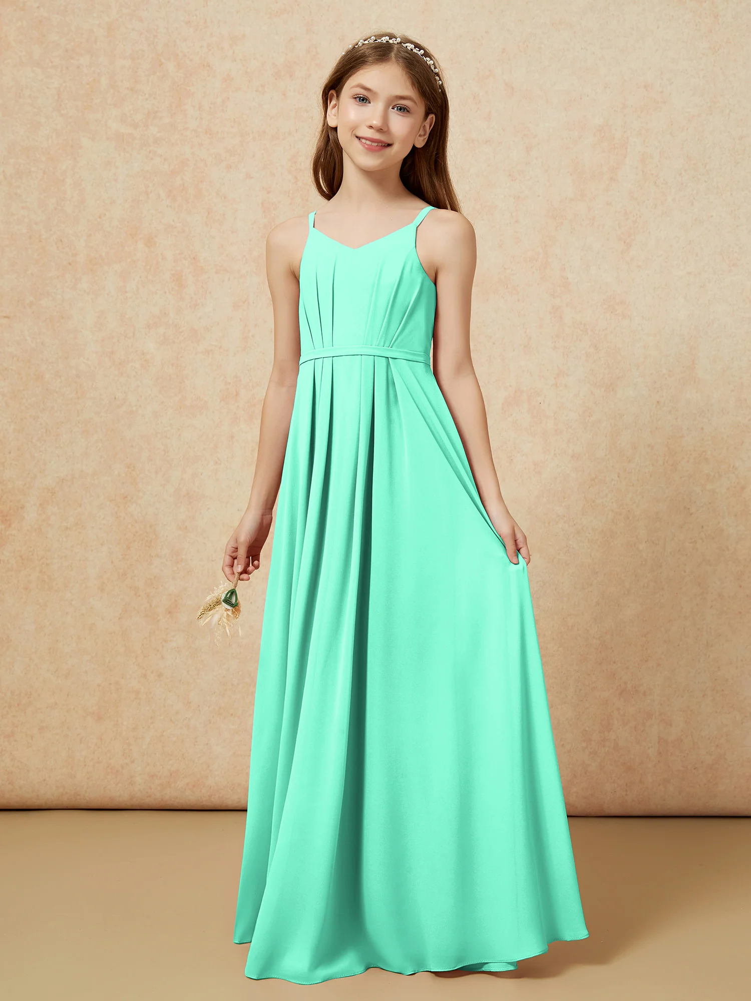 V-neck Spaghetti Straps Chiffon Junior Bridesmaid Dresses Turquoise - Image 3