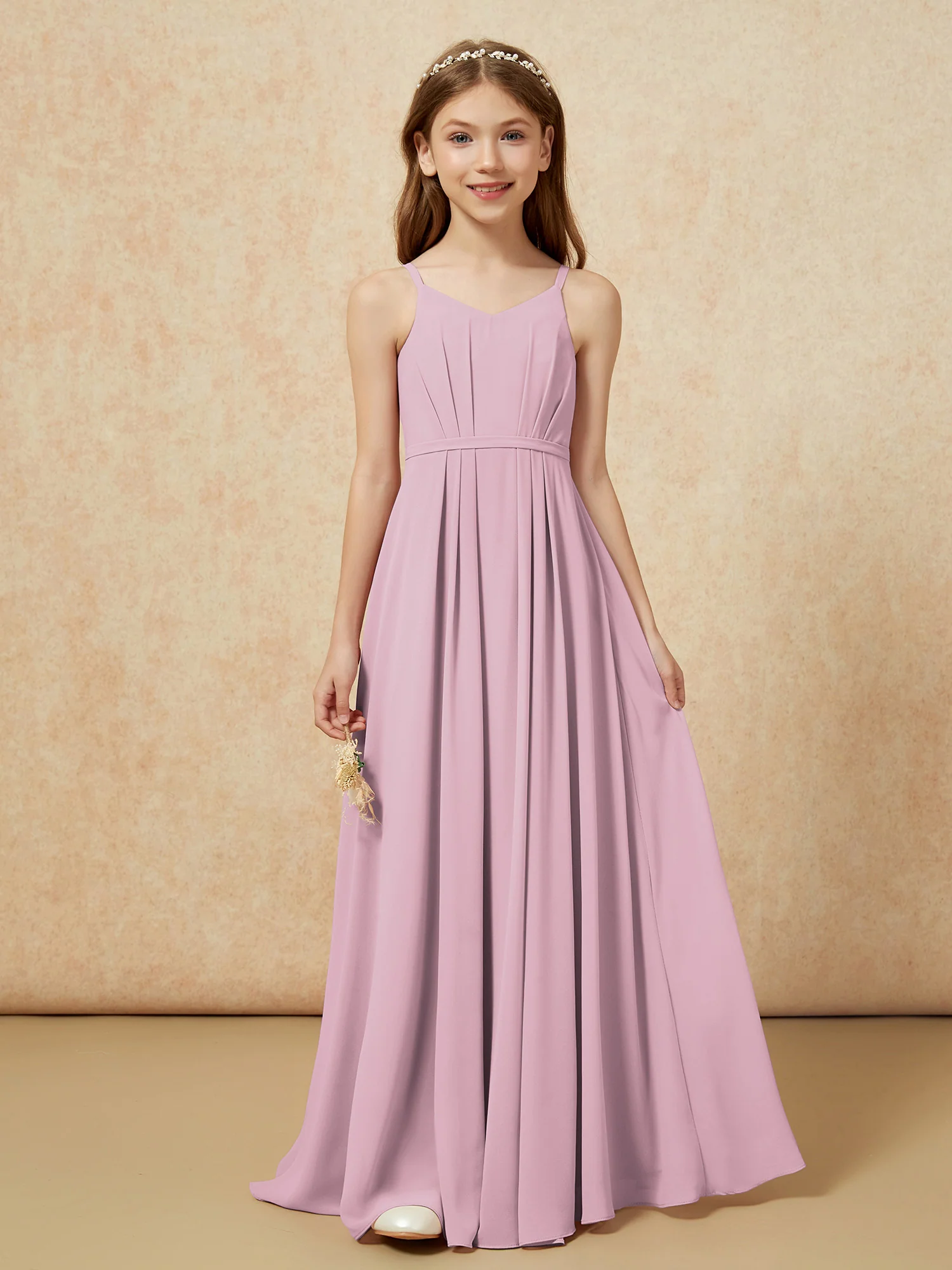V-neck Spaghetti Straps Chiffon Junior Bridesmaid Dresses Vintage Mauve