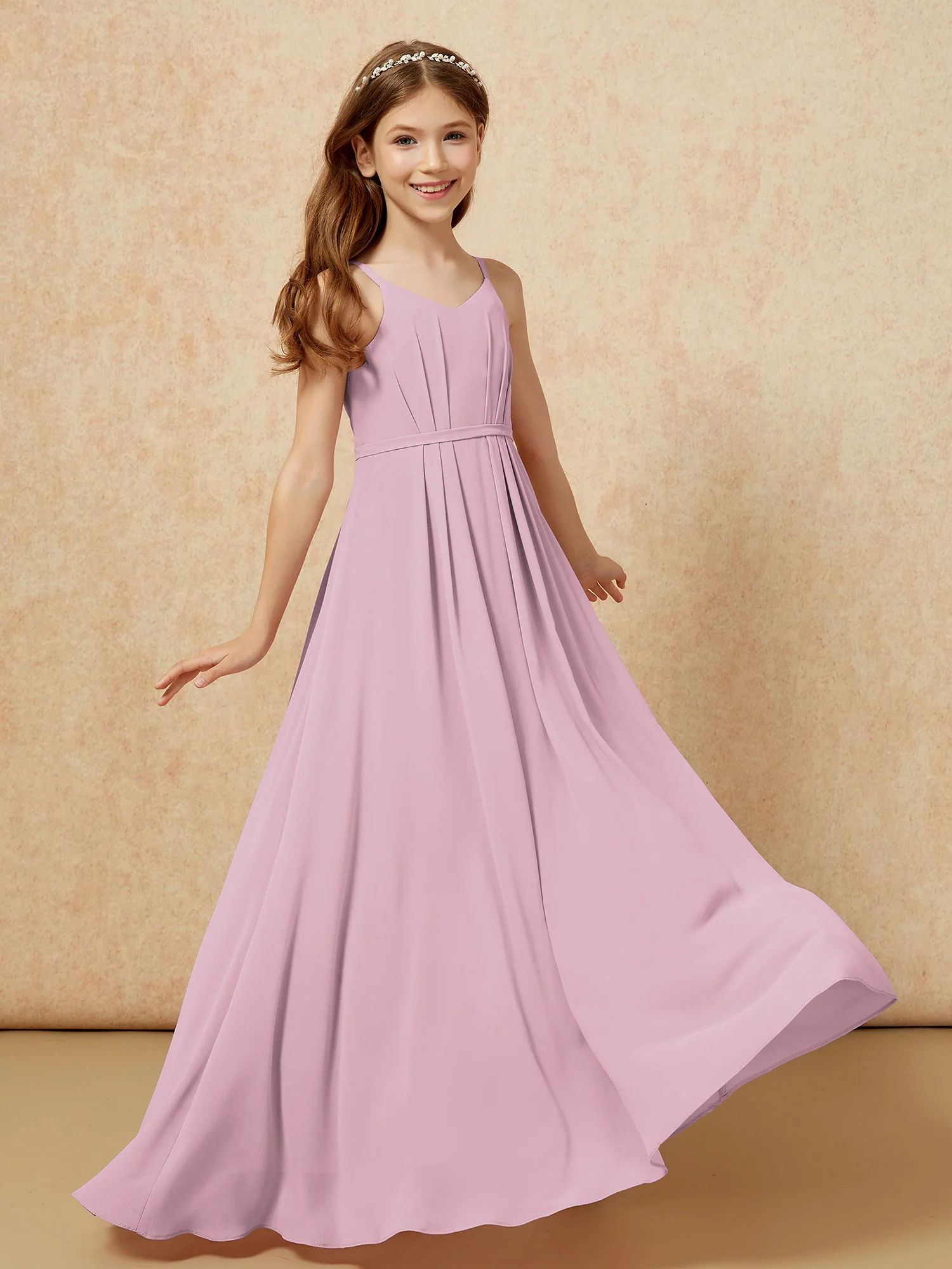 V-neck Spaghetti Straps Chiffon Junior Bridesmaid Dresses Vintage Mauve - Image 6