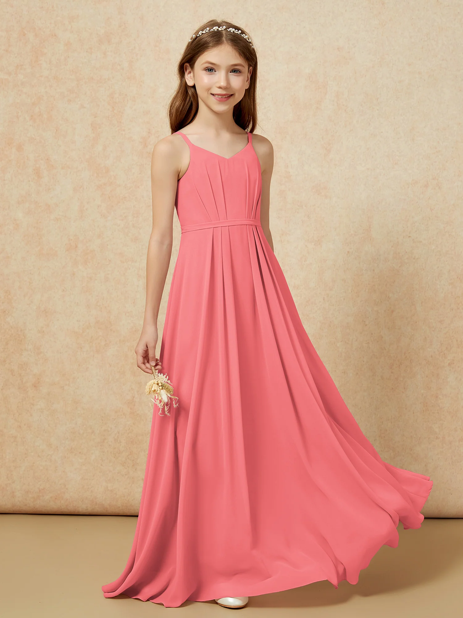 V-neck Spaghetti Straps Chiffon Junior Bridesmaid Dresses Watermelon - Image 5