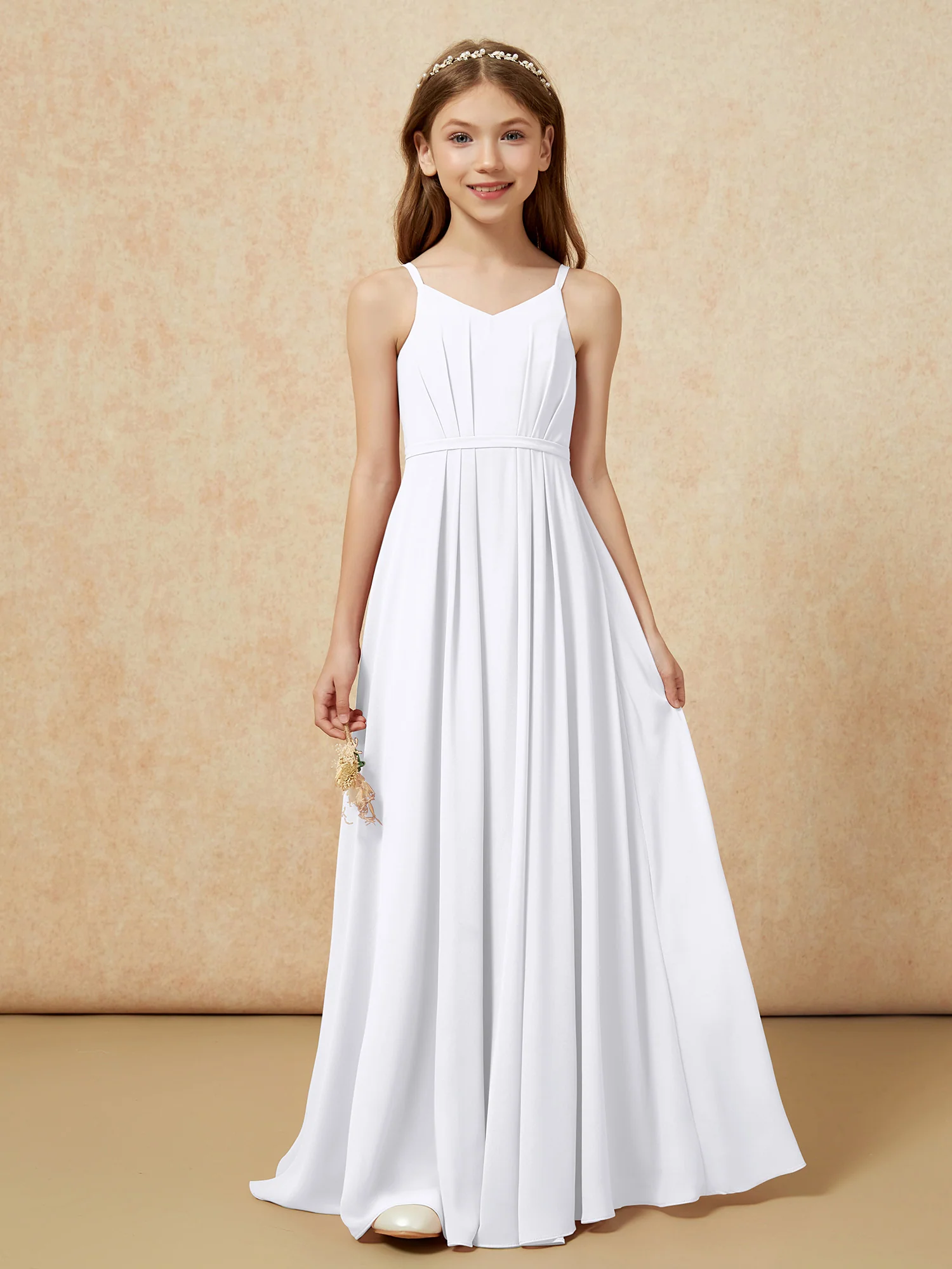 V-neck Spaghetti Straps Chiffon Junior Bridesmaid Dresses White