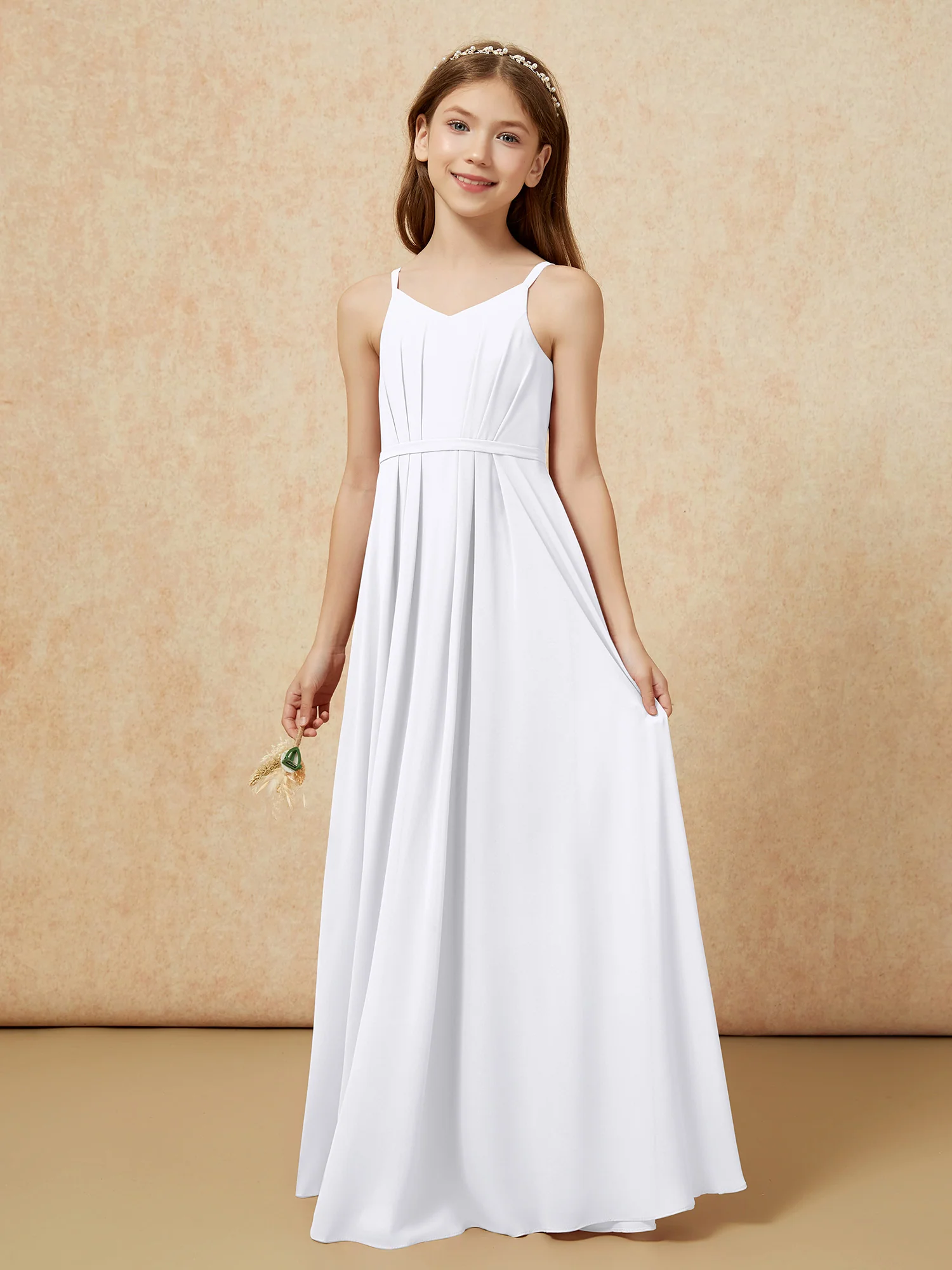 V-neck Spaghetti Straps Chiffon Junior Bridesmaid Dresses White - Image 3