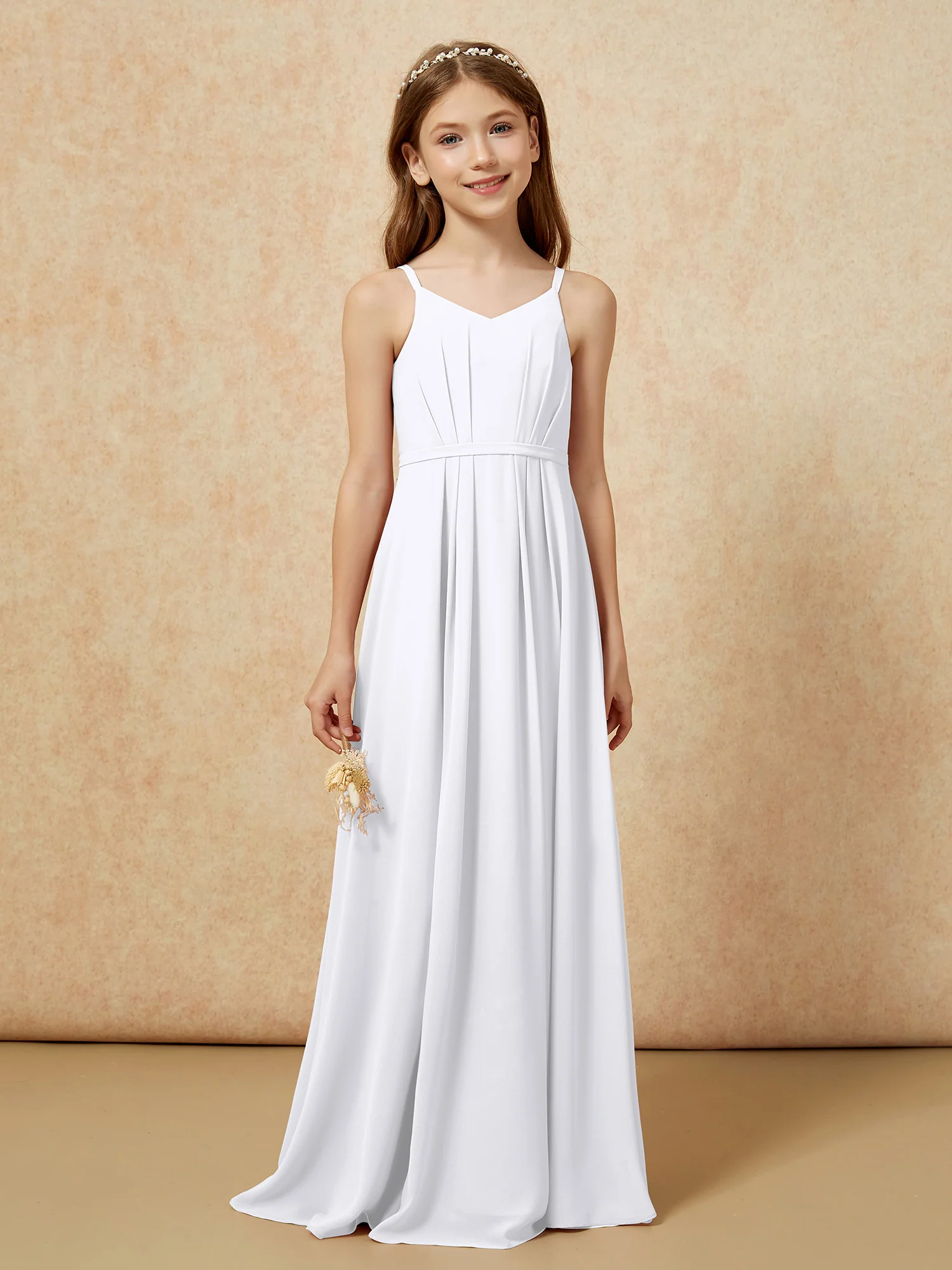 V-neck Spaghetti Straps Chiffon Junior Bridesmaid Dresses White - Image 4