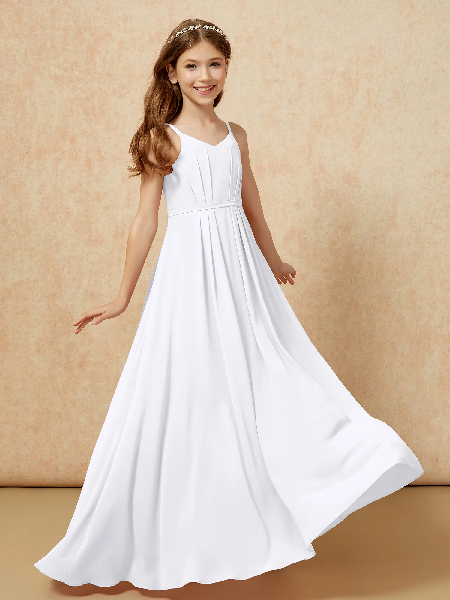 V-neck Spaghetti Straps Chiffon Junior Bridesmaid Dresses White - Image 6