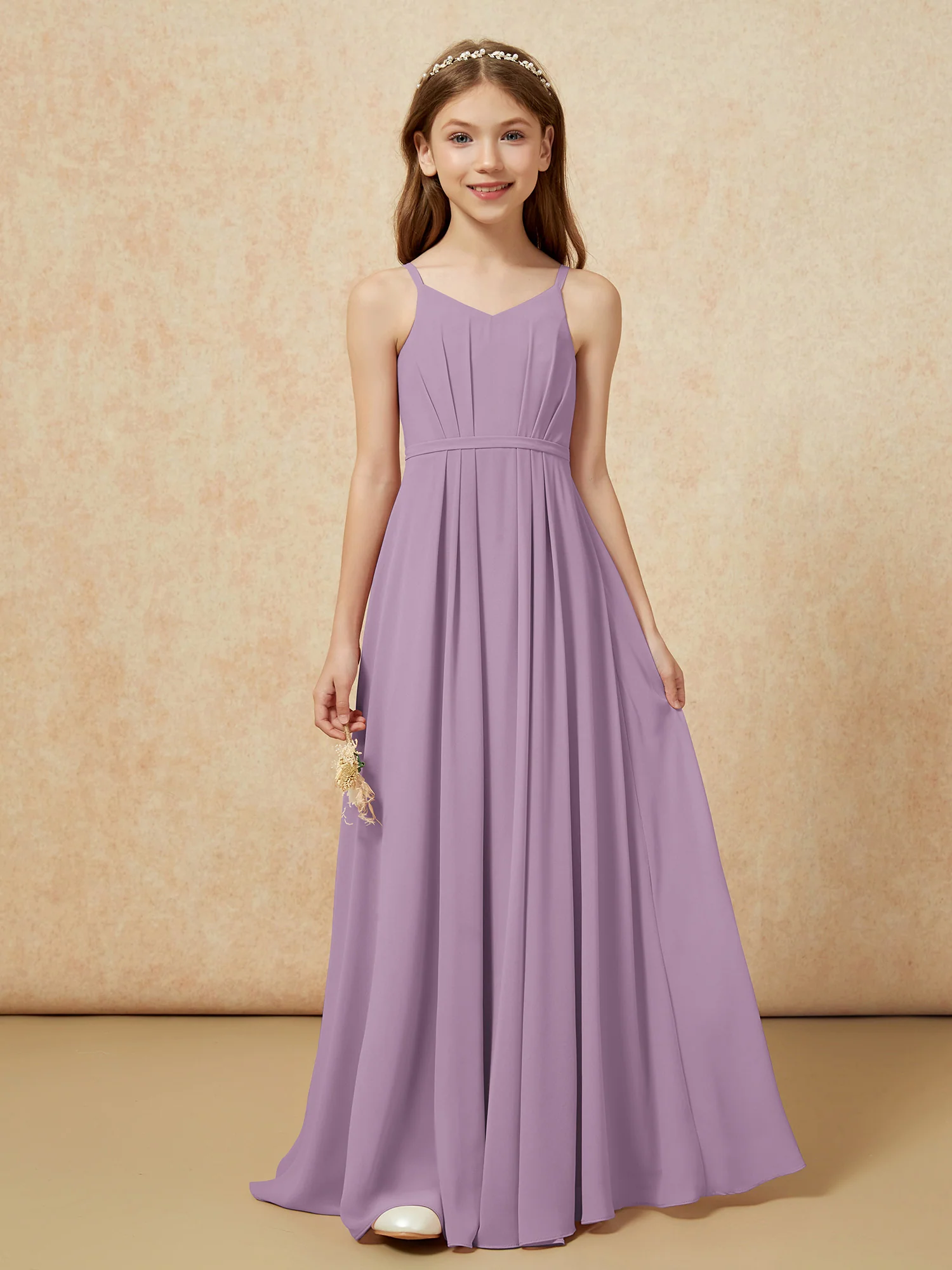V-neck Spaghetti Straps Chiffon Junior Bridesmaid Dresses Wisteria