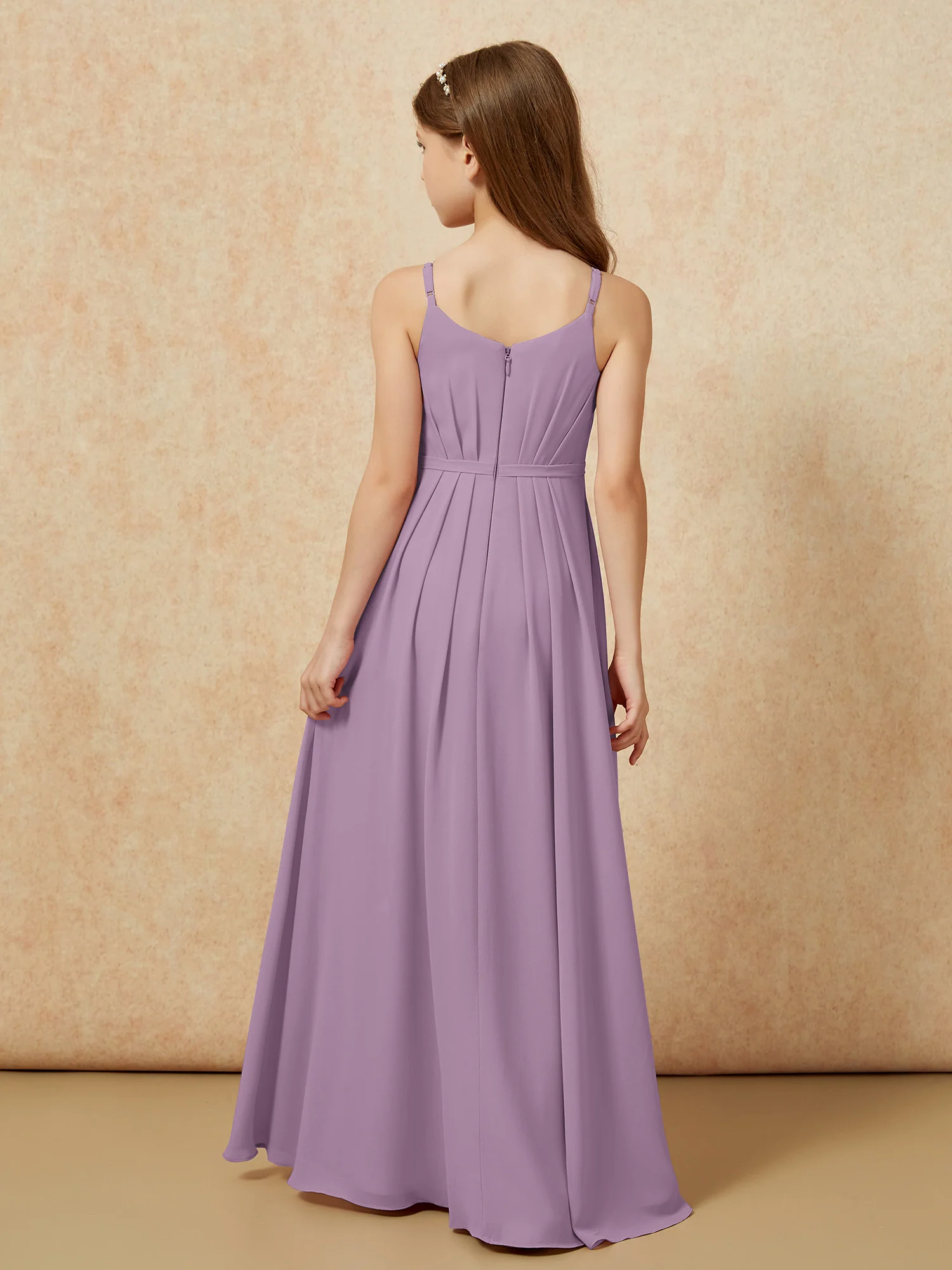 V-neck Spaghetti Straps Chiffon Junior Bridesmaid Dresses Wisteria - Image 2