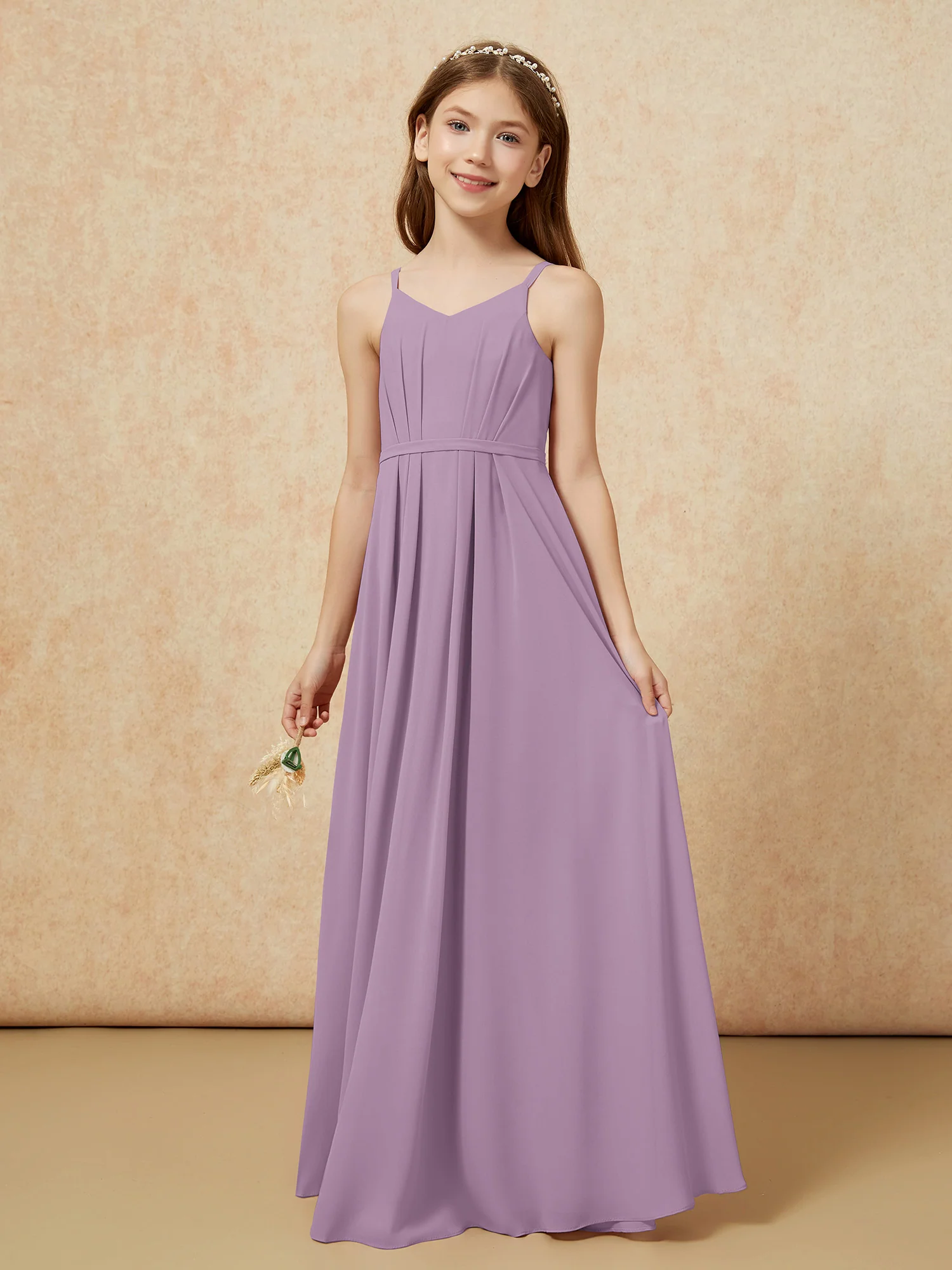 V-neck Spaghetti Straps Chiffon Junior Bridesmaid Dresses Wisteria - Image 3