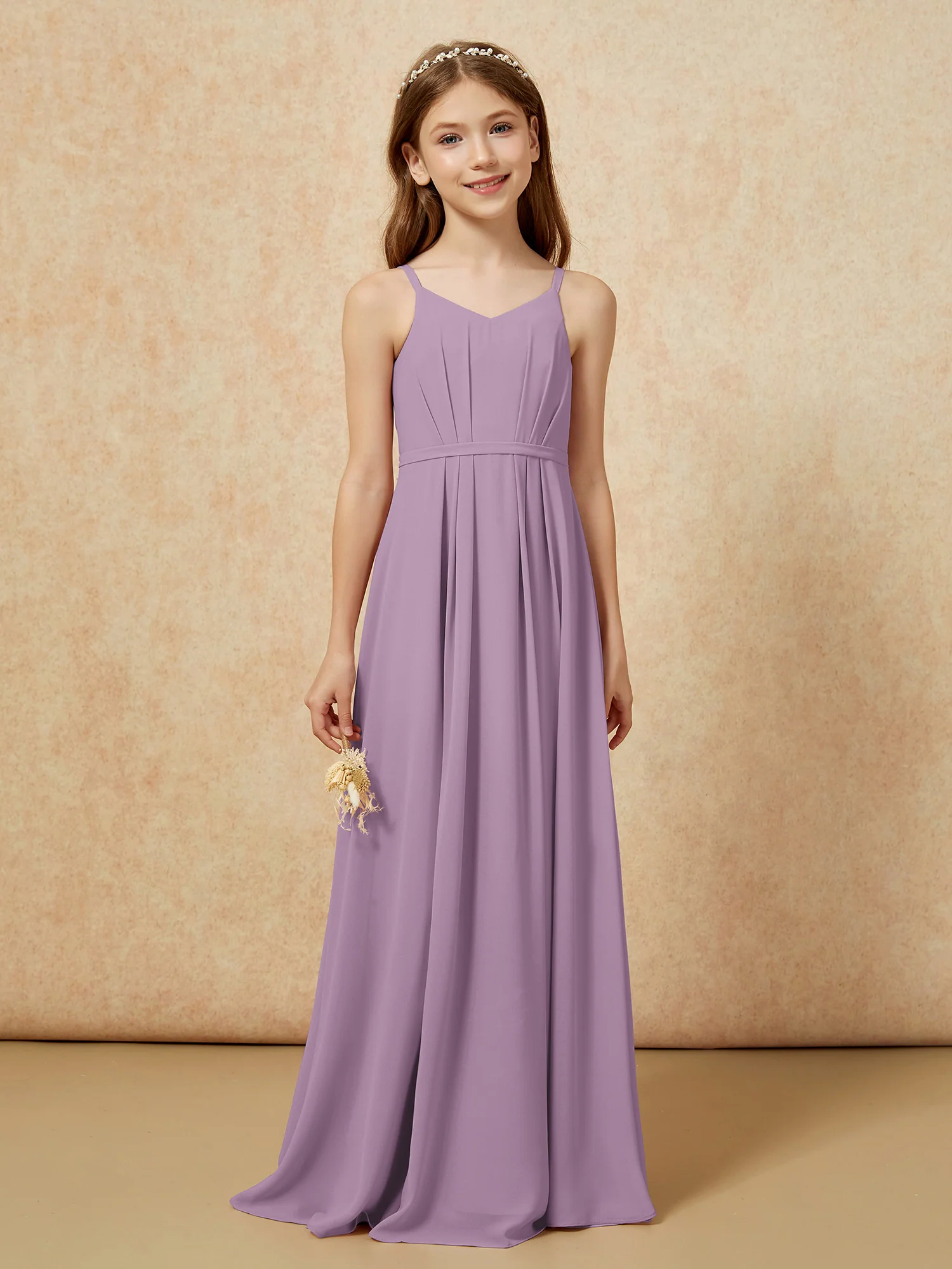 V-neck Spaghetti Straps Chiffon Junior Bridesmaid Dresses Wisteria - Image 4