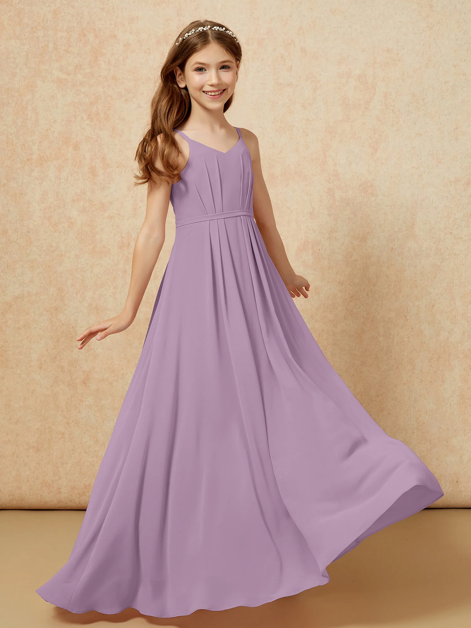 V-neck Spaghetti Straps Chiffon Junior Bridesmaid Dresses Wisteria - Image 6