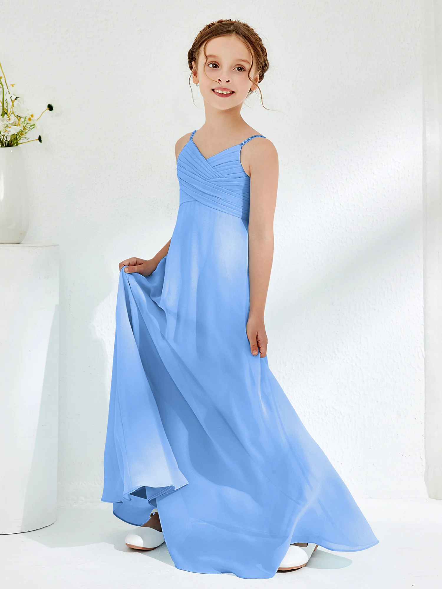 V-neck Spaghetti Straps Floor-length Junior Bridesmaid Dresses Blue - Image 3