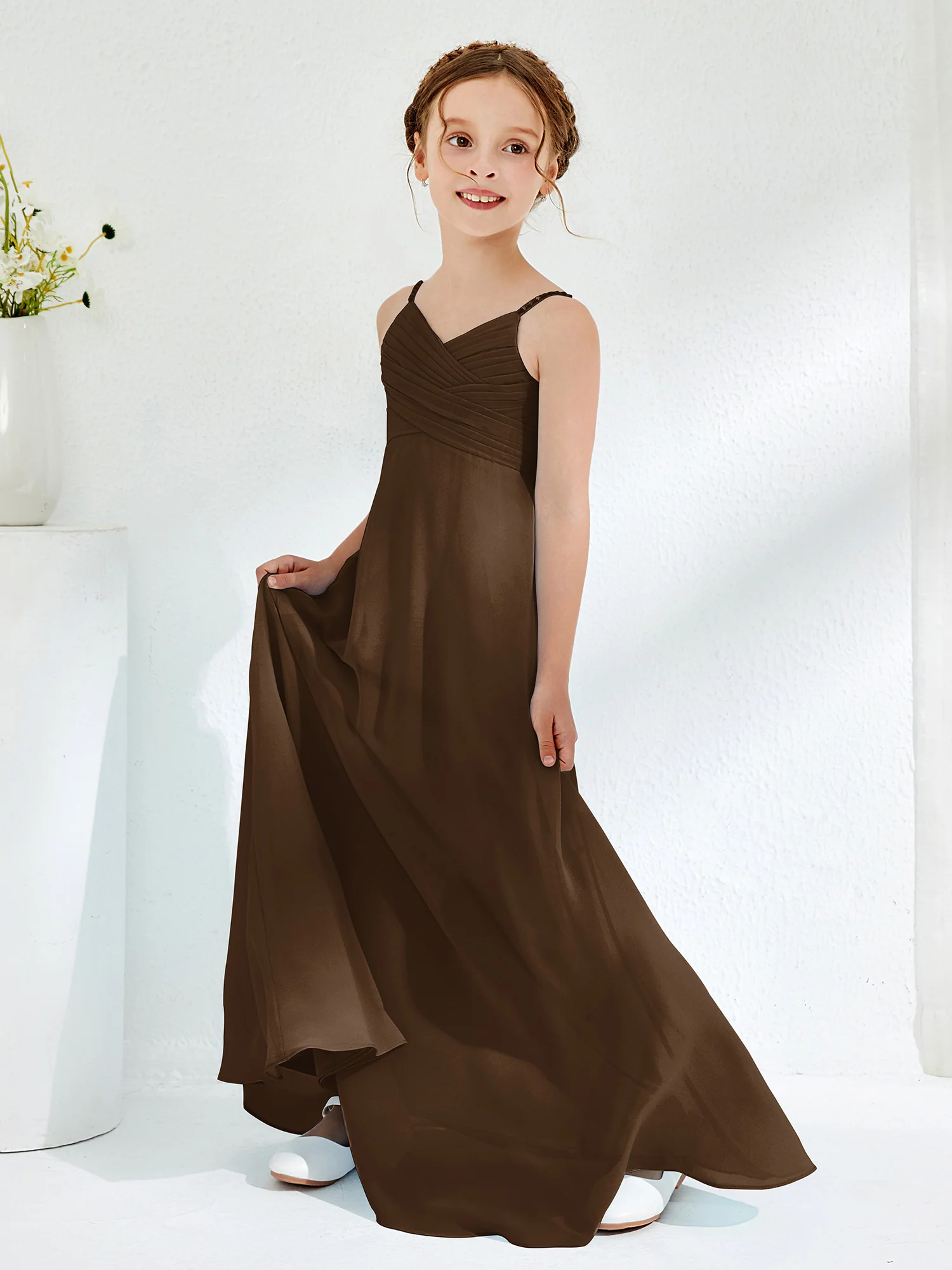 V-neck Spaghetti Straps Floor-length Junior Bridesmaid Dresses Brown - Image 3