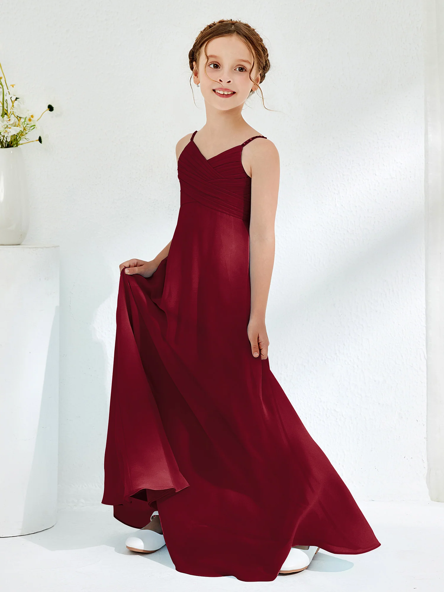 V-neck Spaghetti Straps Floor-length Junior Bridesmaid Dresses Burgundy - Image 3