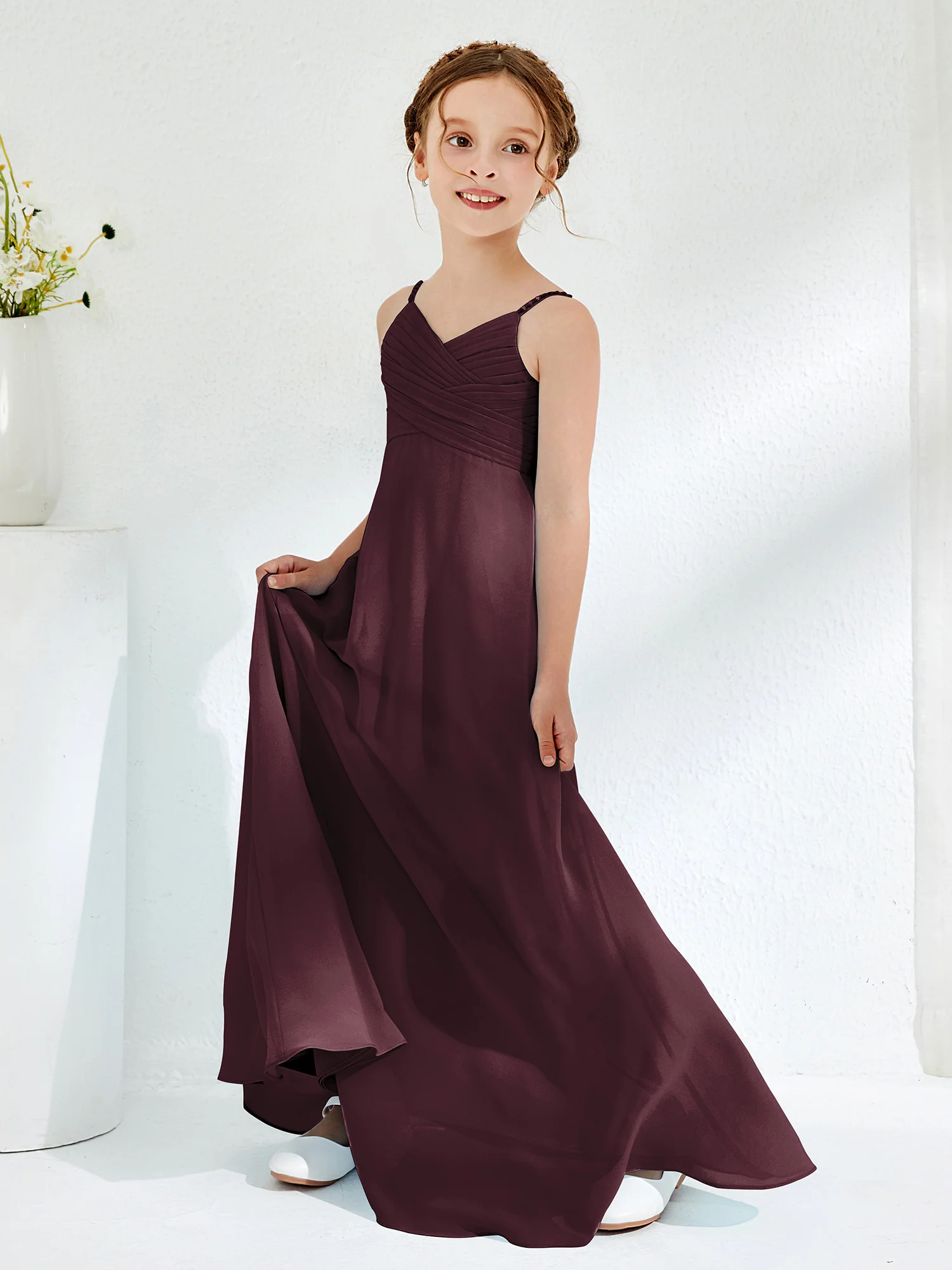 V-neck Spaghetti Straps Floor-length Junior Bridesmaid Dresses Cabernet - Image 3