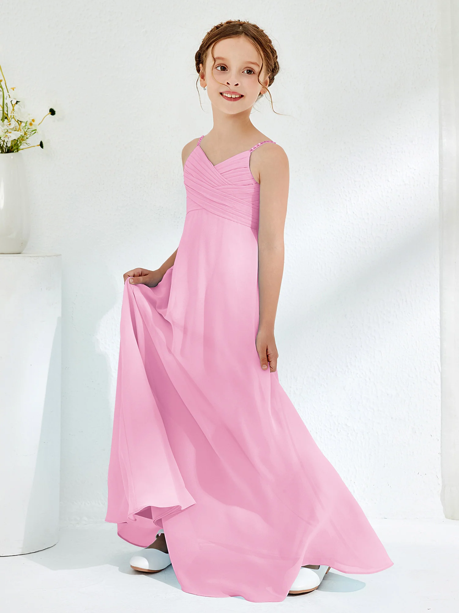 V-neck Spaghetti Straps Floor-length Junior Bridesmaid Dresses Candy Pink - Image 3