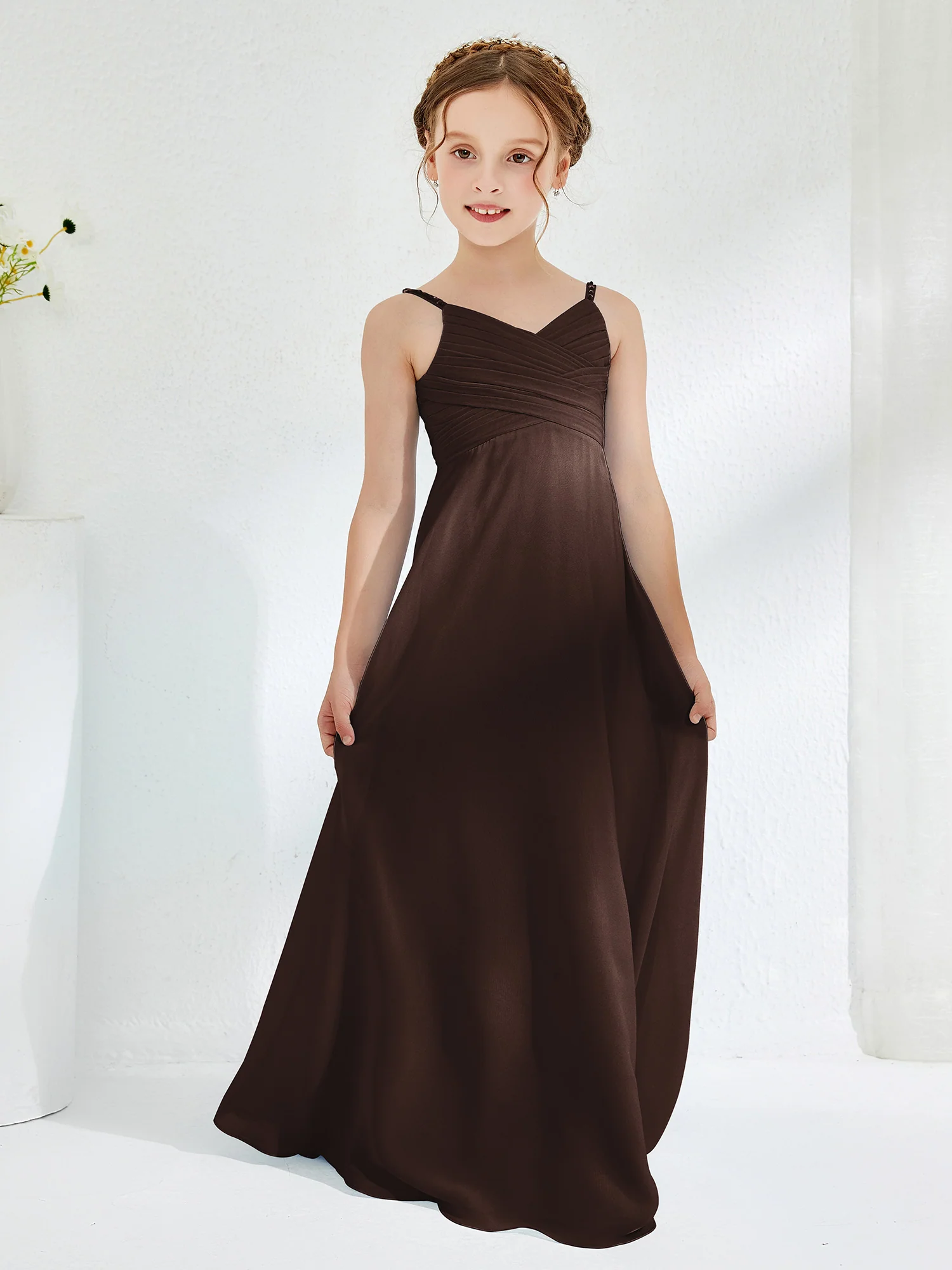 V-neck Spaghetti Straps Floor-length Junior Bridesmaid Dresses Chocolate