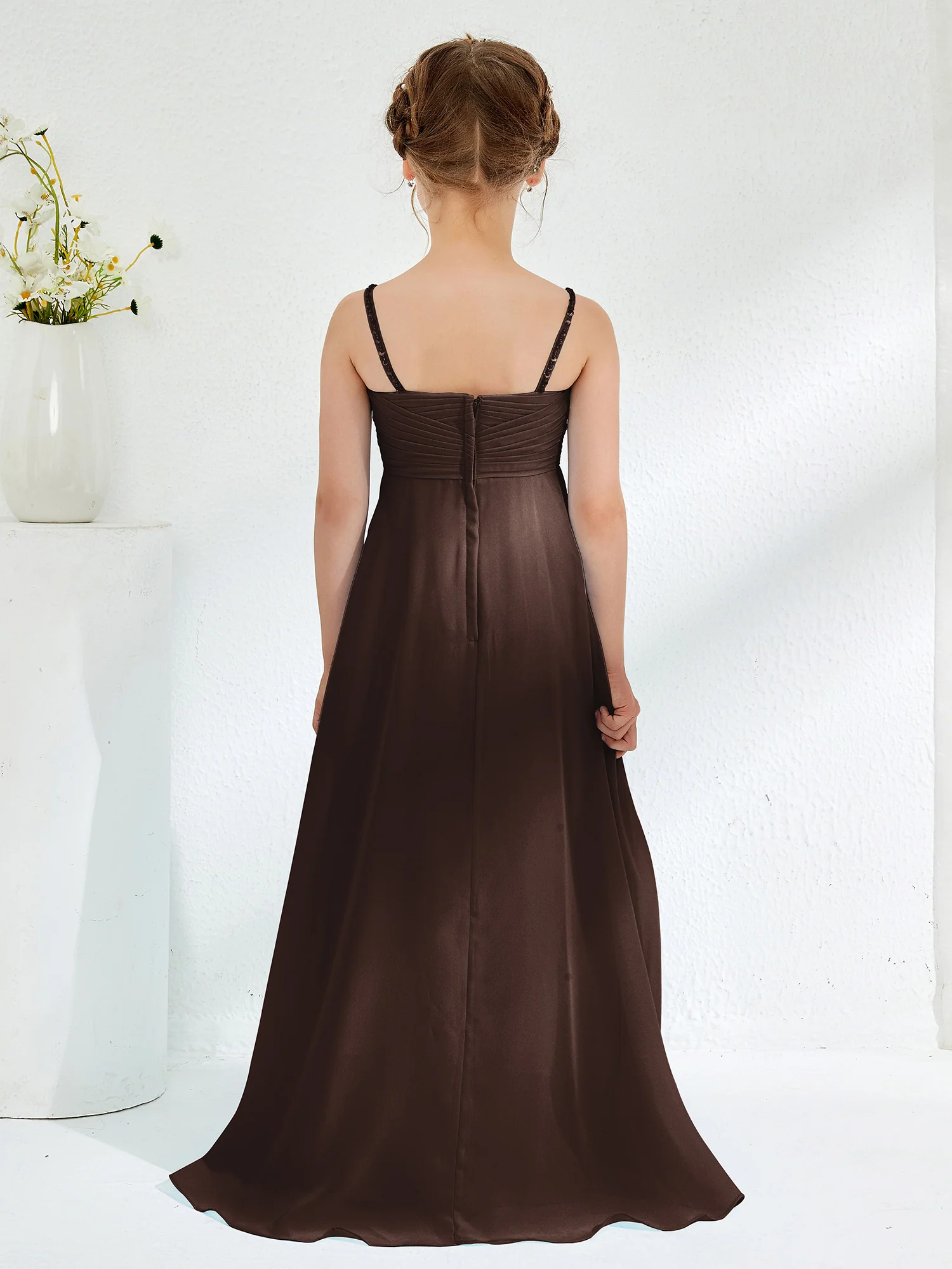V-neck Spaghetti Straps Floor-length Junior Bridesmaid Dresses Chocolate - Image 2
