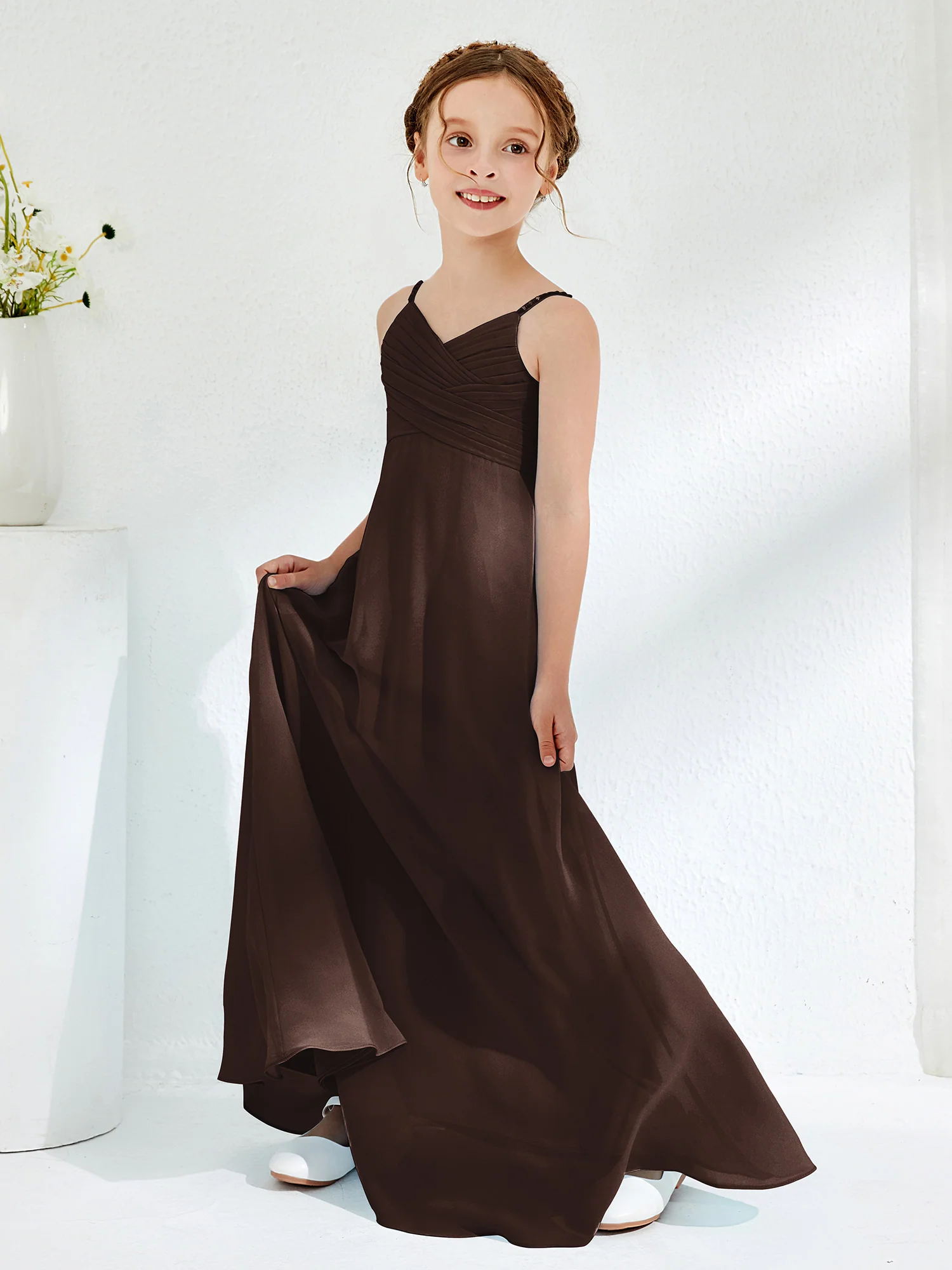 V-neck Spaghetti Straps Floor-length Junior Bridesmaid Dresses Chocolate - Image 3