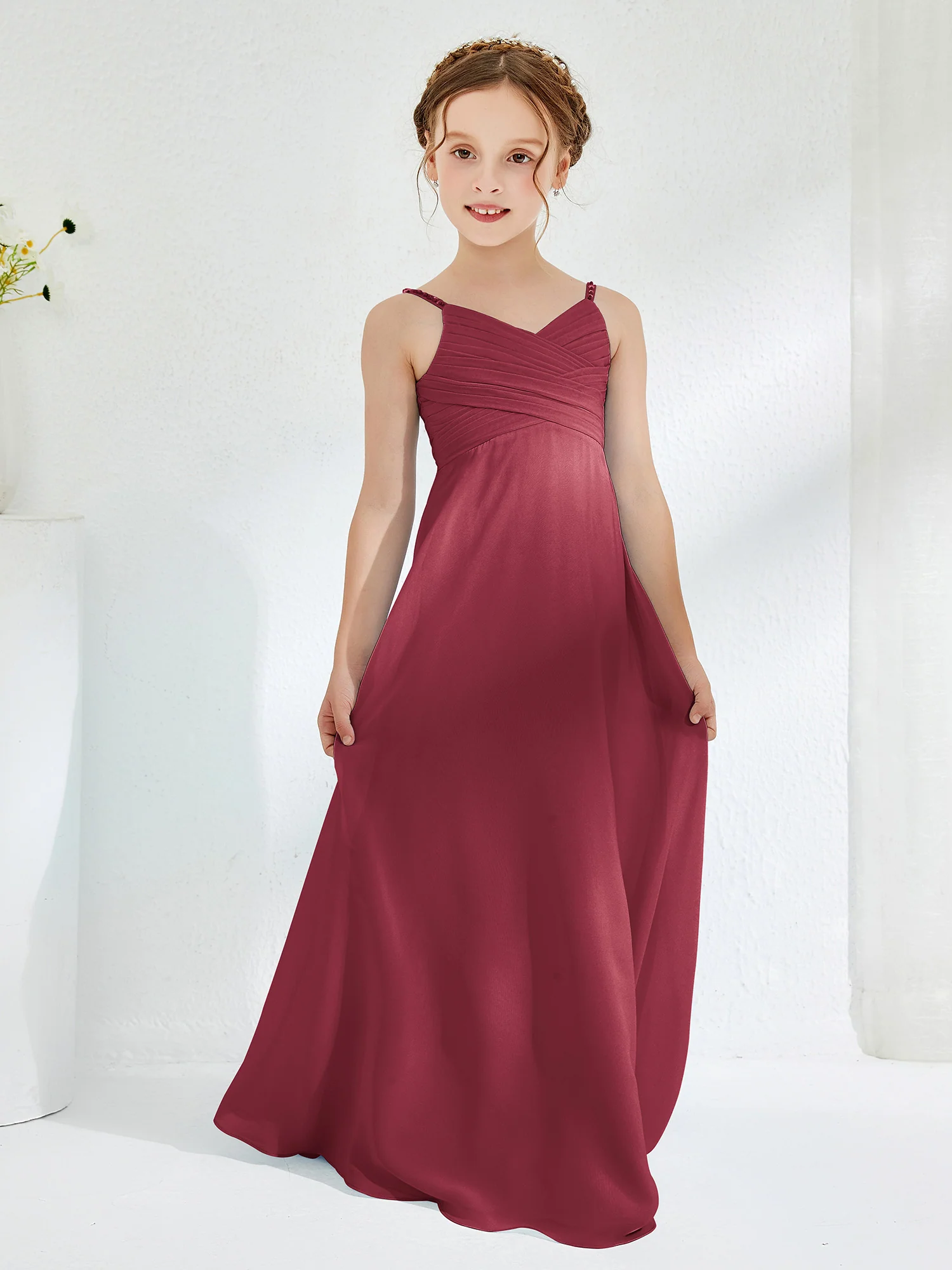 V-neck Spaghetti Straps Floor-length Junior Bridesmaid Dresses Cinnamon Rose