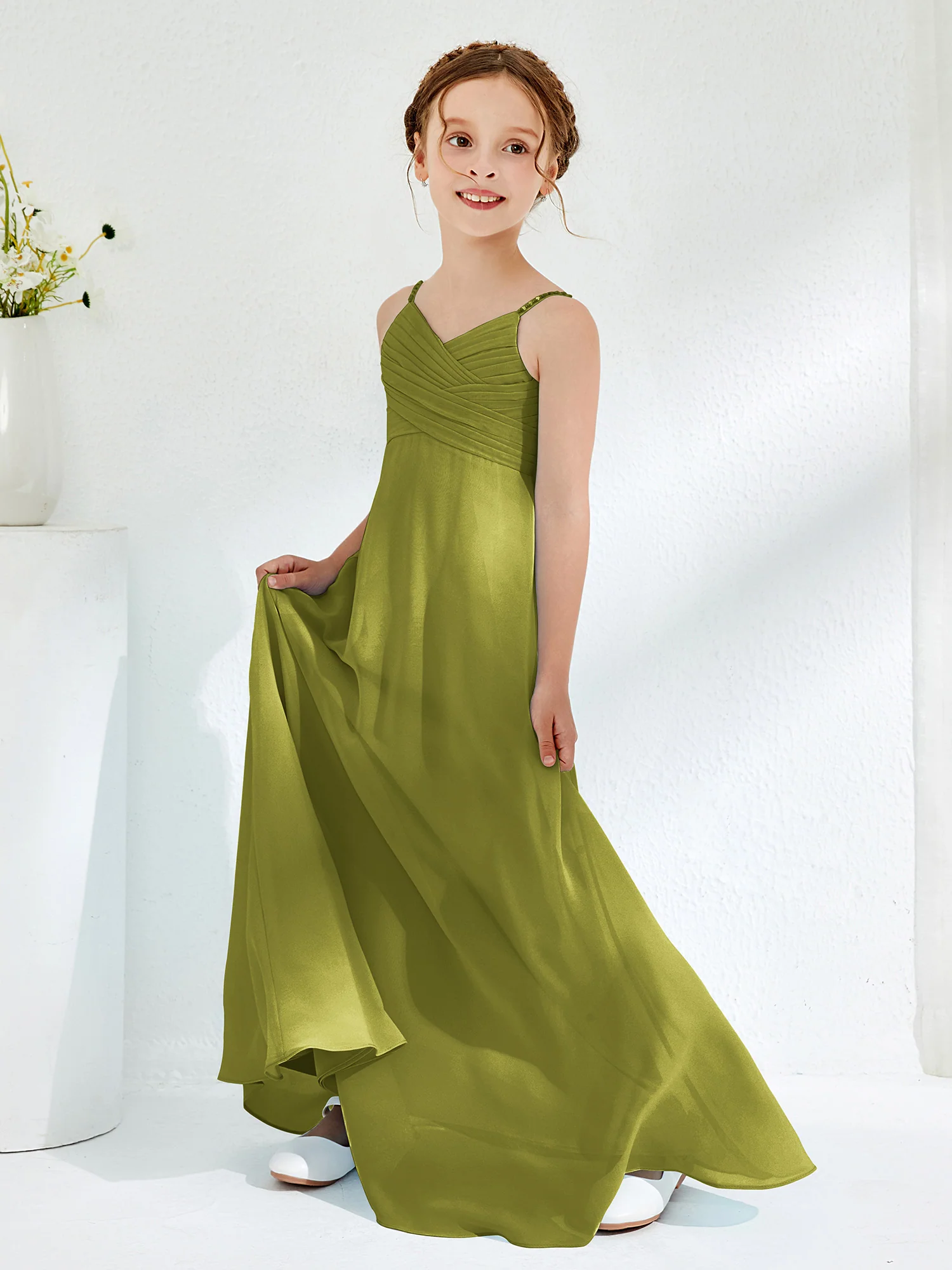 V-neck Spaghetti Straps Floor-length Junior Bridesmaid Dresses Clover - Image 3