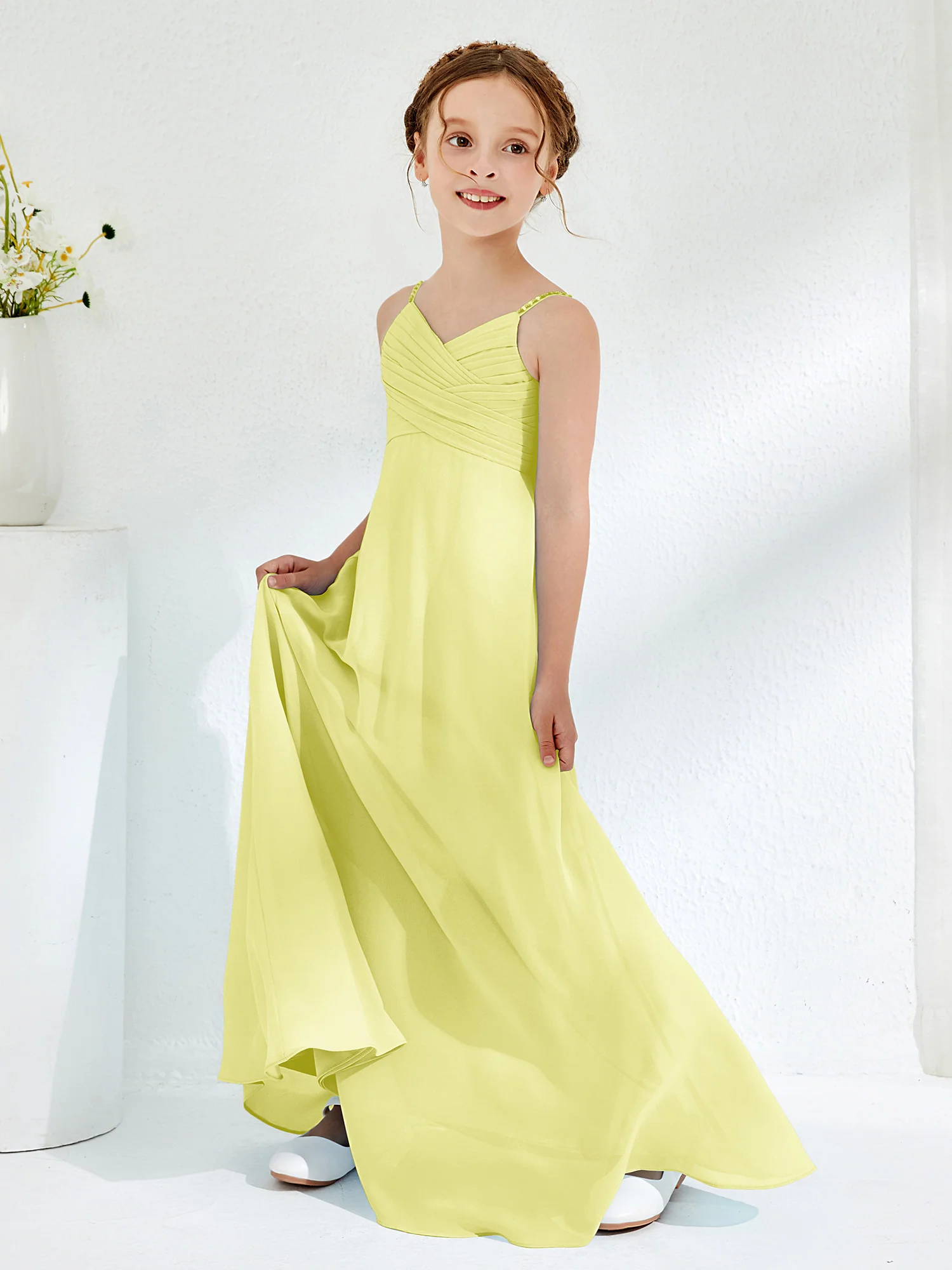 V-neck Spaghetti Straps Floor-length Junior Bridesmaid Dresses Daffodil - Image 3