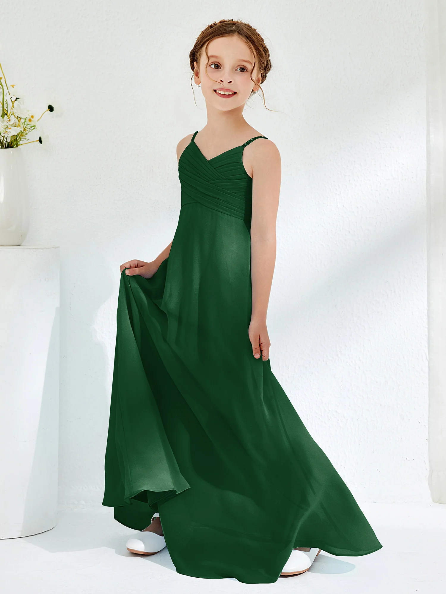 V-neck Spaghetti Straps Floor-length Junior Bridesmaid Dresses Dark Green - Image 3