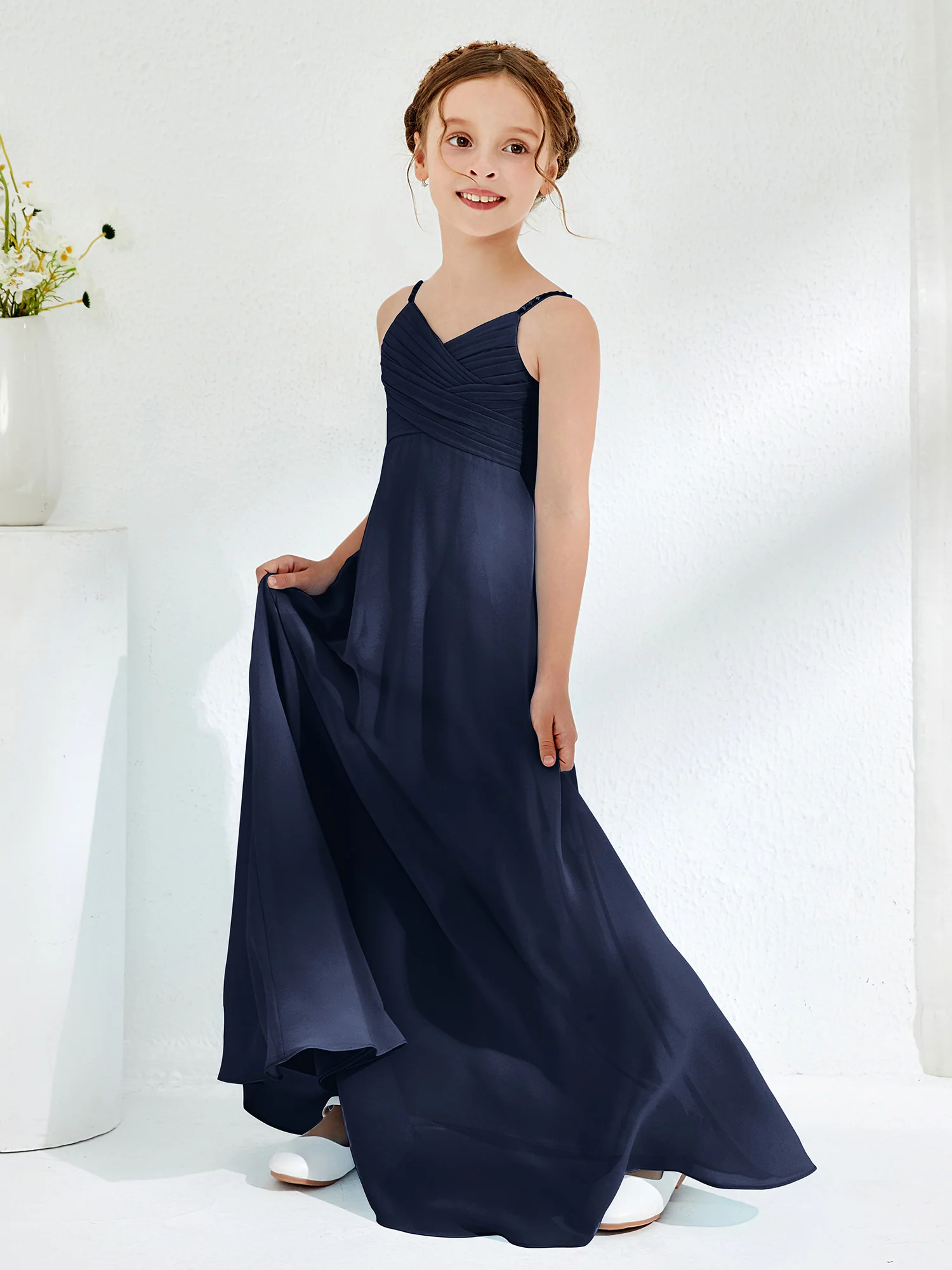 V-neck Spaghetti Straps Floor-length Junior Bridesmaid Dresses Dark Navy - Image 3