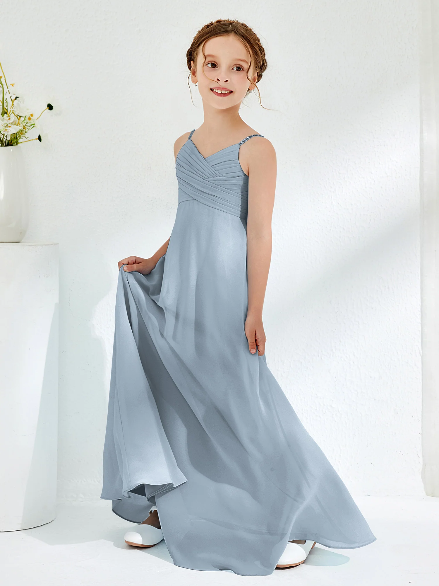V-neck Spaghetti Straps Floor-length Junior Bridesmaid Dresses Dusty Blue - Image 3