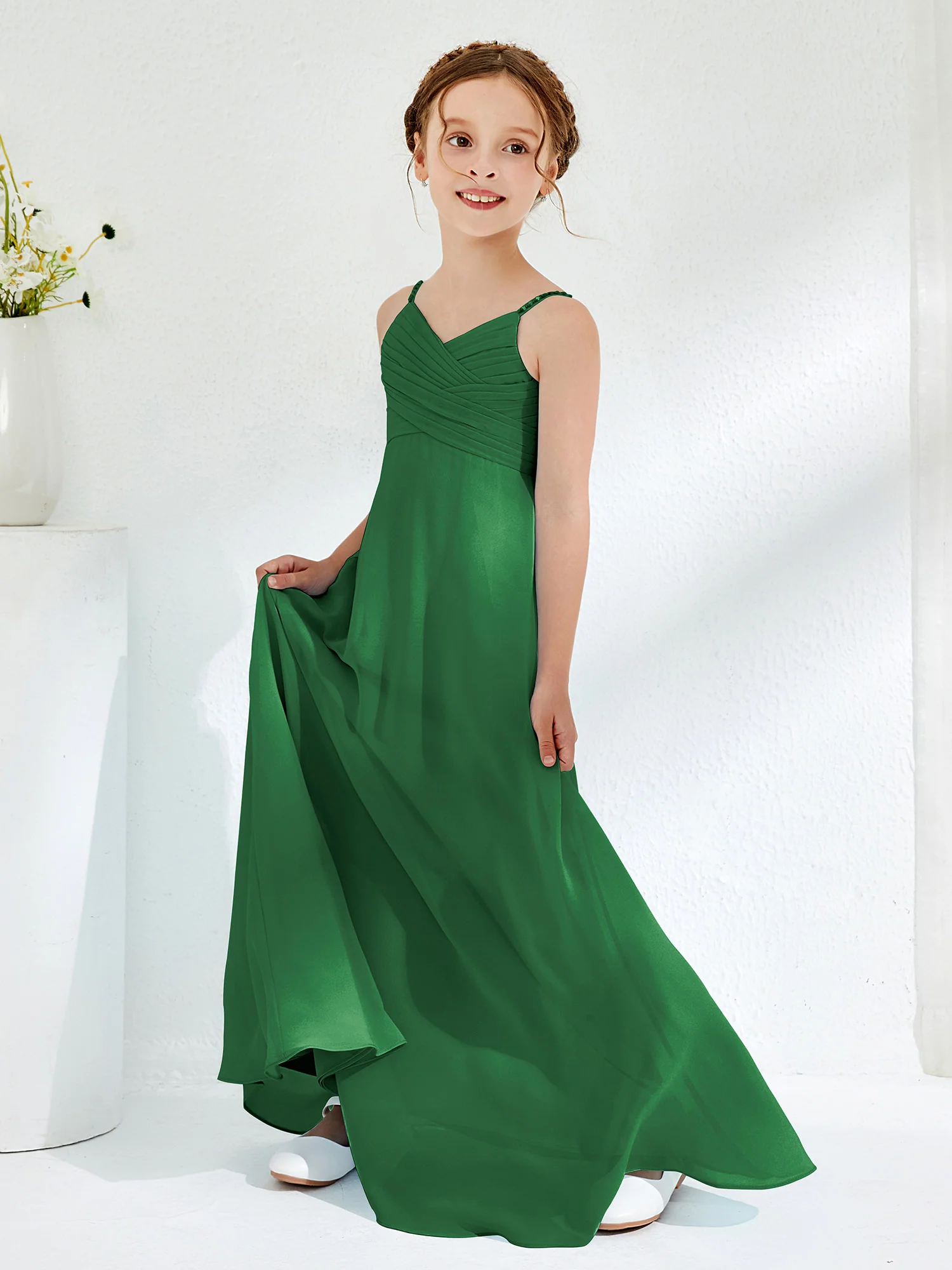 V-neck Spaghetti Straps Floor-length Junior Bridesmaid Dresses Emerald - Image 3