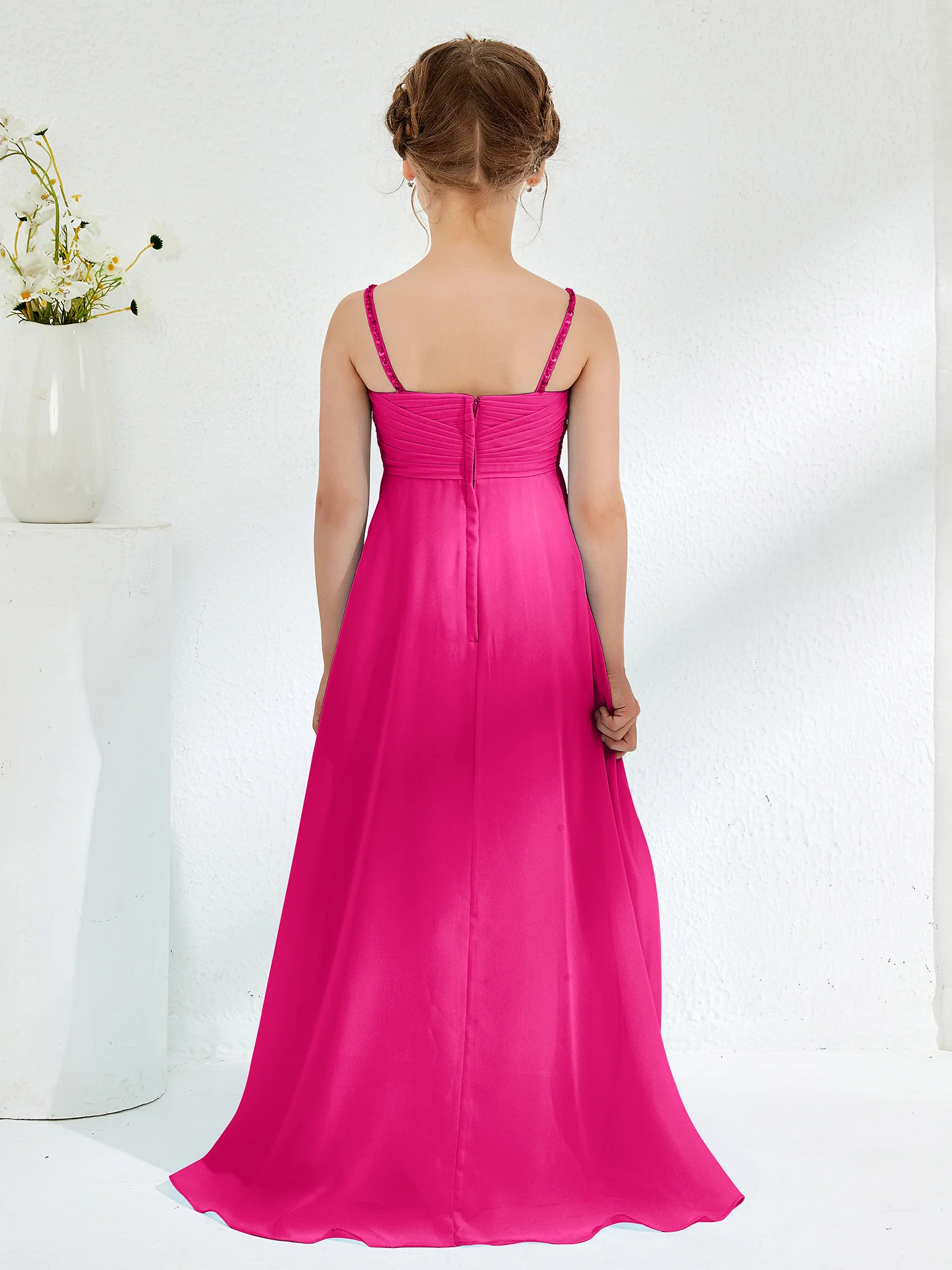 V-neck Spaghetti Straps Floor-length Junior Bridesmaid Dresses Fuchsia - Image 2