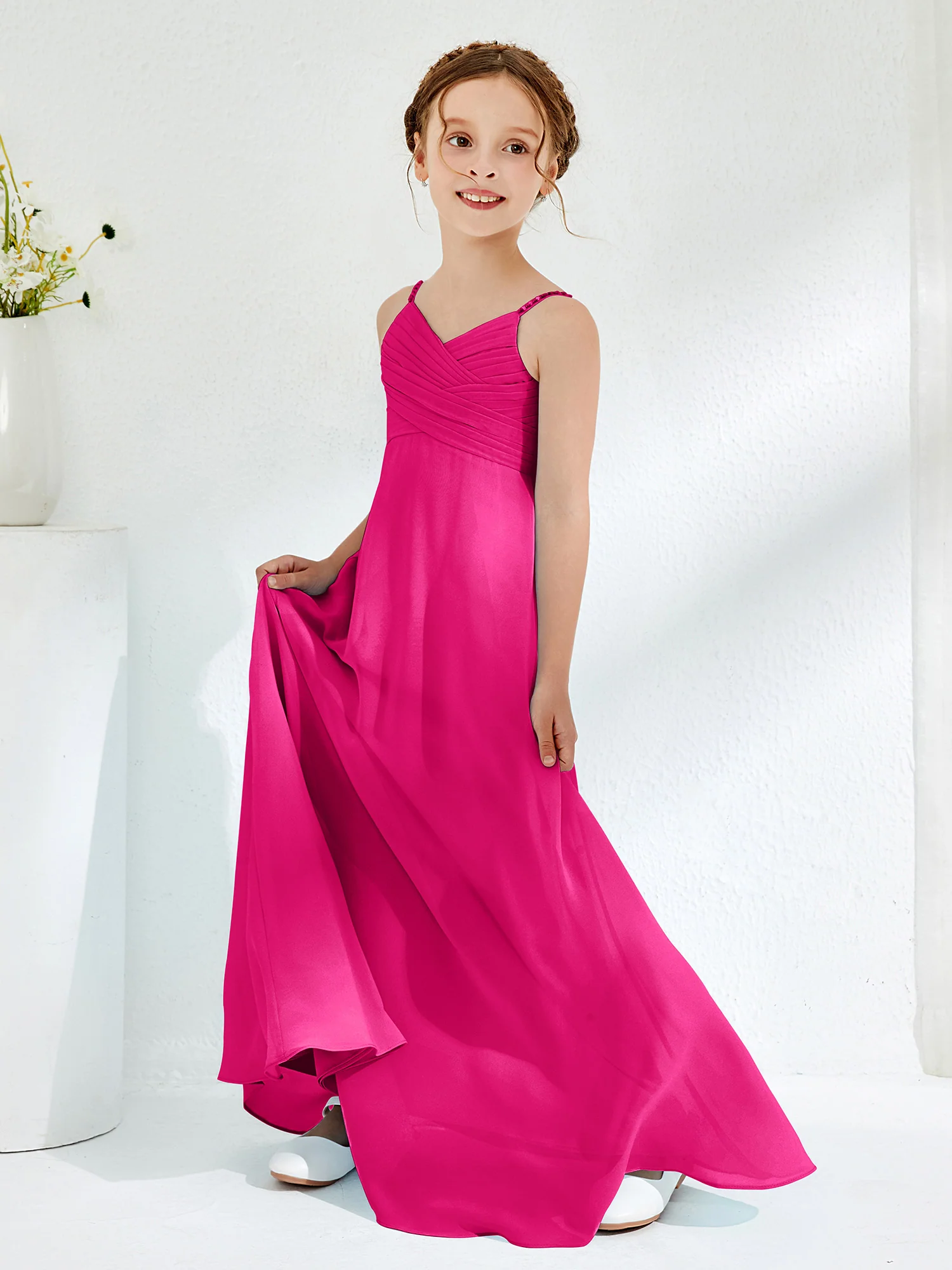 V-neck Spaghetti Straps Floor-length Junior Bridesmaid Dresses Fuchsia - Image 3