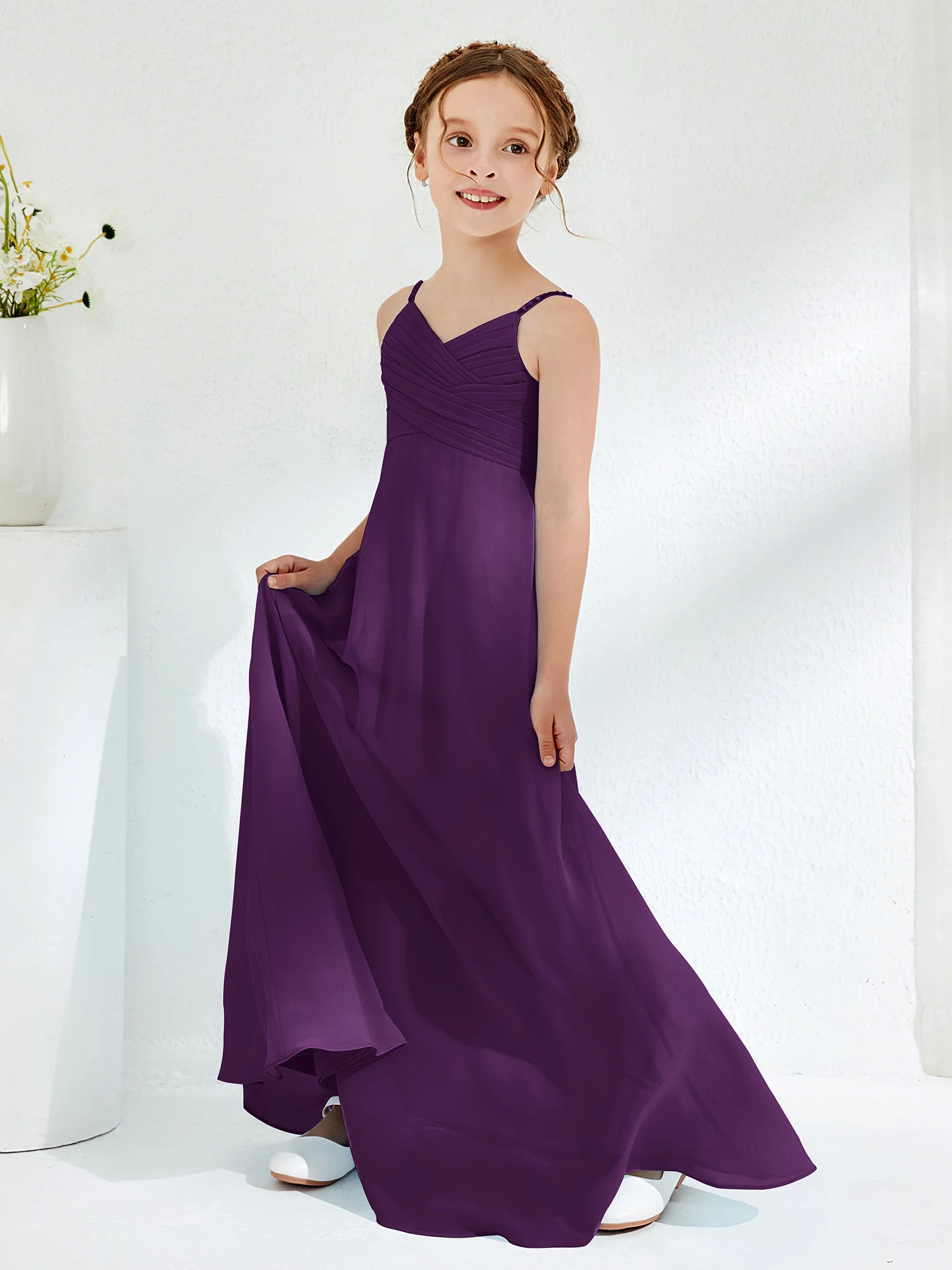 V-neck Spaghetti Straps Floor-length Junior Bridesmaid Dresses Grape - Image 3