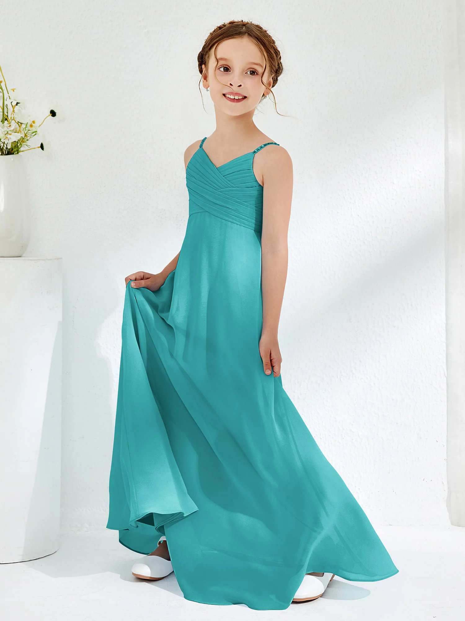 V-neck Spaghetti Straps Floor-length Junior Bridesmaid Dresses Jade - Image 3